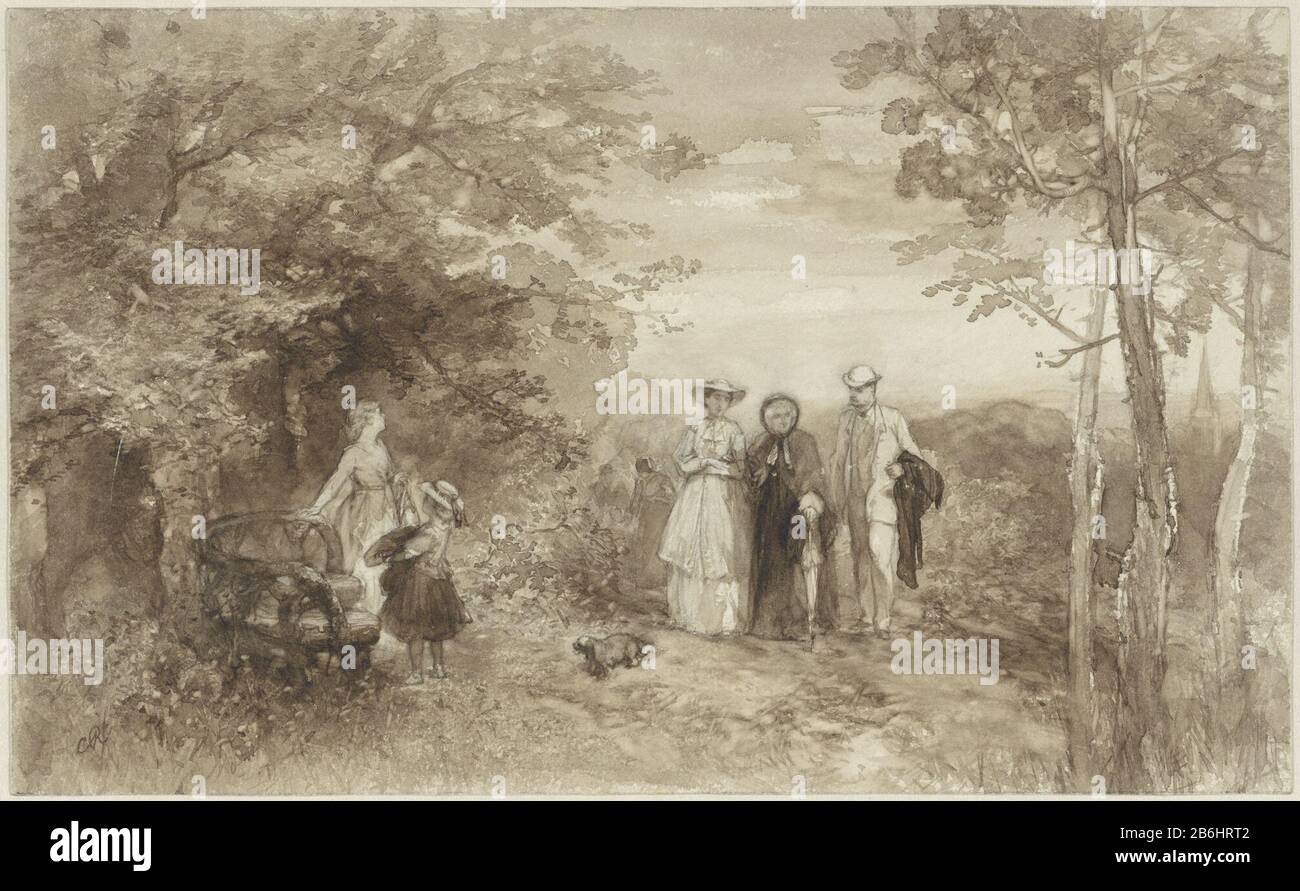 Summer Familiewandeling. Manufacturer : cartoonist Charles Rochussen Date: 1824 - 1894 Physical features: brush in brown, pencil material: Paper Pencil Technique: Brush dimensions: h 212 mm × W 346 mm Subject: walking, hiking (recreation) family life and Stock Photo