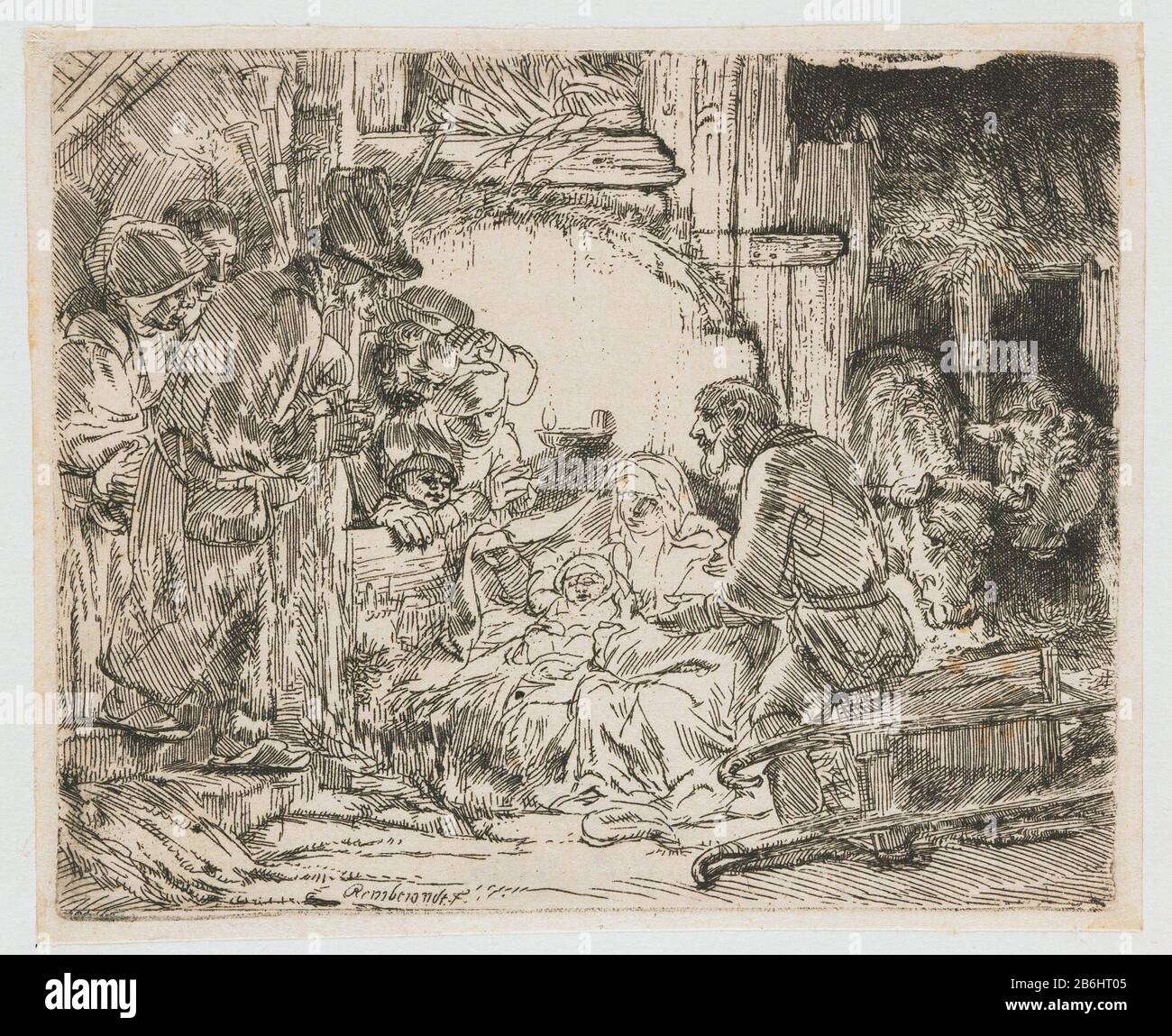 The Adoration of the Shepherds with the oil lamp The adoration of the shepherds, with the oil lamp object type: picture Item number: RP-P-OB-296Catalogusreferentie: New Hollstein Dutch 279-2 (3) Bartsch 45-1 (2) Hollstein Dutch 45-1 (2 ) Markings / Brands: signature, bottom center: 'Rembrandt f.' collector's mark , verso lower left, stamped: Lugt 240 Manufacturer : printmaker Rembrandt van Rijn (listed building) in its design: Rembrandt van Rijn Date: 1652 - 1656 Physical features: etching and dry point material: paper Technique: etching / dry point measurements: h 105 mm × W 130 mm Subject: a Stock Photo
