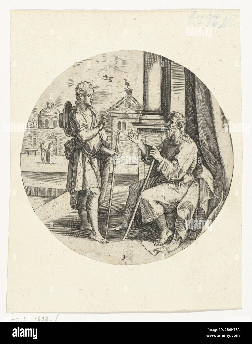 The parting words of Tobit to his son Tobias Story Tobias (series title) Tobias stands for his father Tobit, dressed in traveling dress, stick in hand. Tobit expresses afscheidswoorden. Manufacturer : to design: Crispin van den Broeck Print Author: anonymous publisher Claes Jansz. Visscher (II) Place manufacture: Netherlands Date: 1570 - 1580 Physical features: car stuck on old opzetvel Material: paper Technique: engra (printing process) Dimensions: leaf d 139 mm × H 194 mm × W 152 mmToelichtingPrent from series of twelve prints at around format with the story of Tobias. Subject Tobias taking Stock Photo