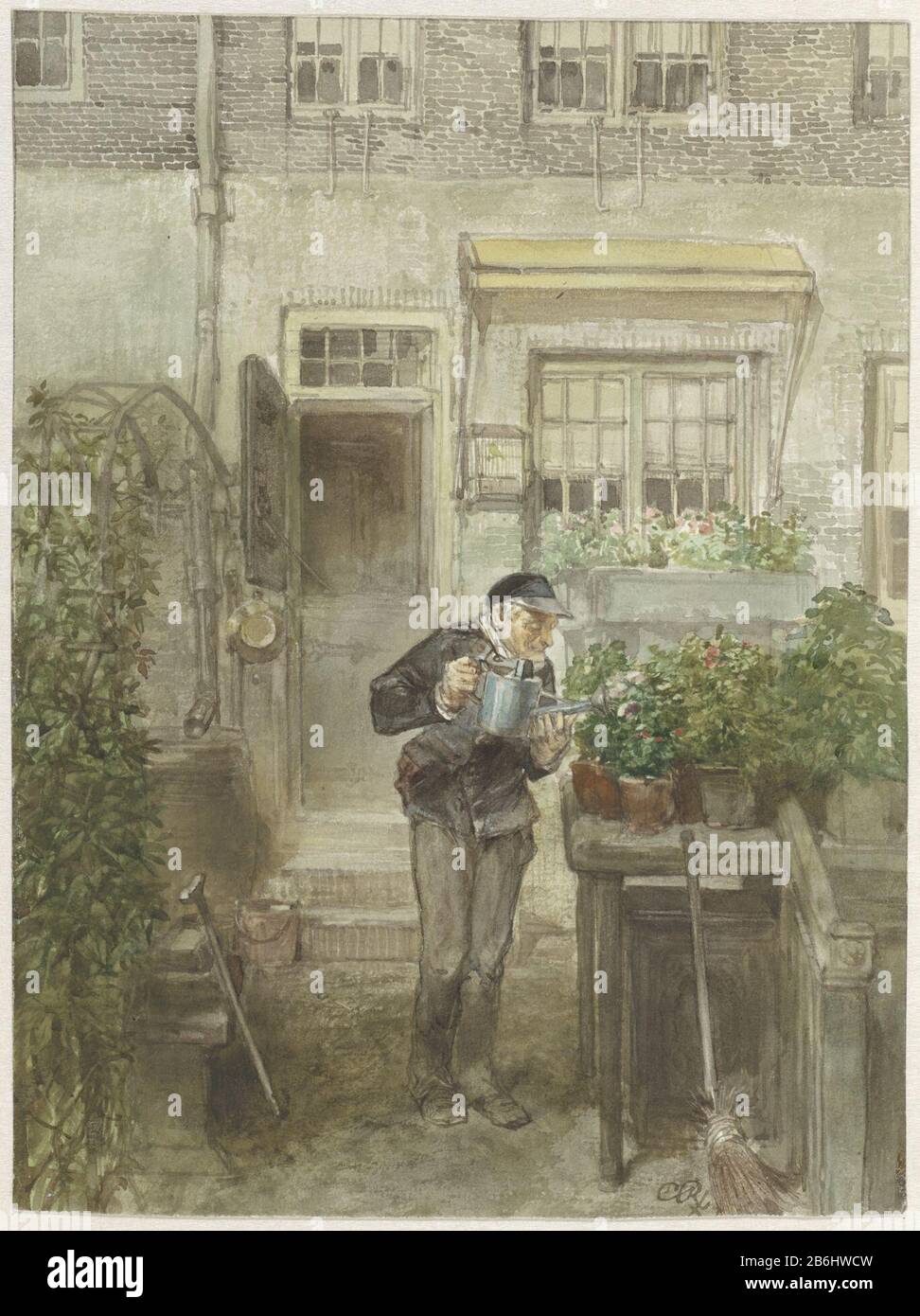 The flower lover An old man passes behind his house, in the garden, plants water. Manufacturer : cartoonist Charles Rochussen Date: 1880 Physical features: pencil, paintbrush in colors in watercolor materials: paper pencil watercolor technique: brush dimensions: h 290 mm × W 218 mm Subject: watering plants watering plant Stock Photo