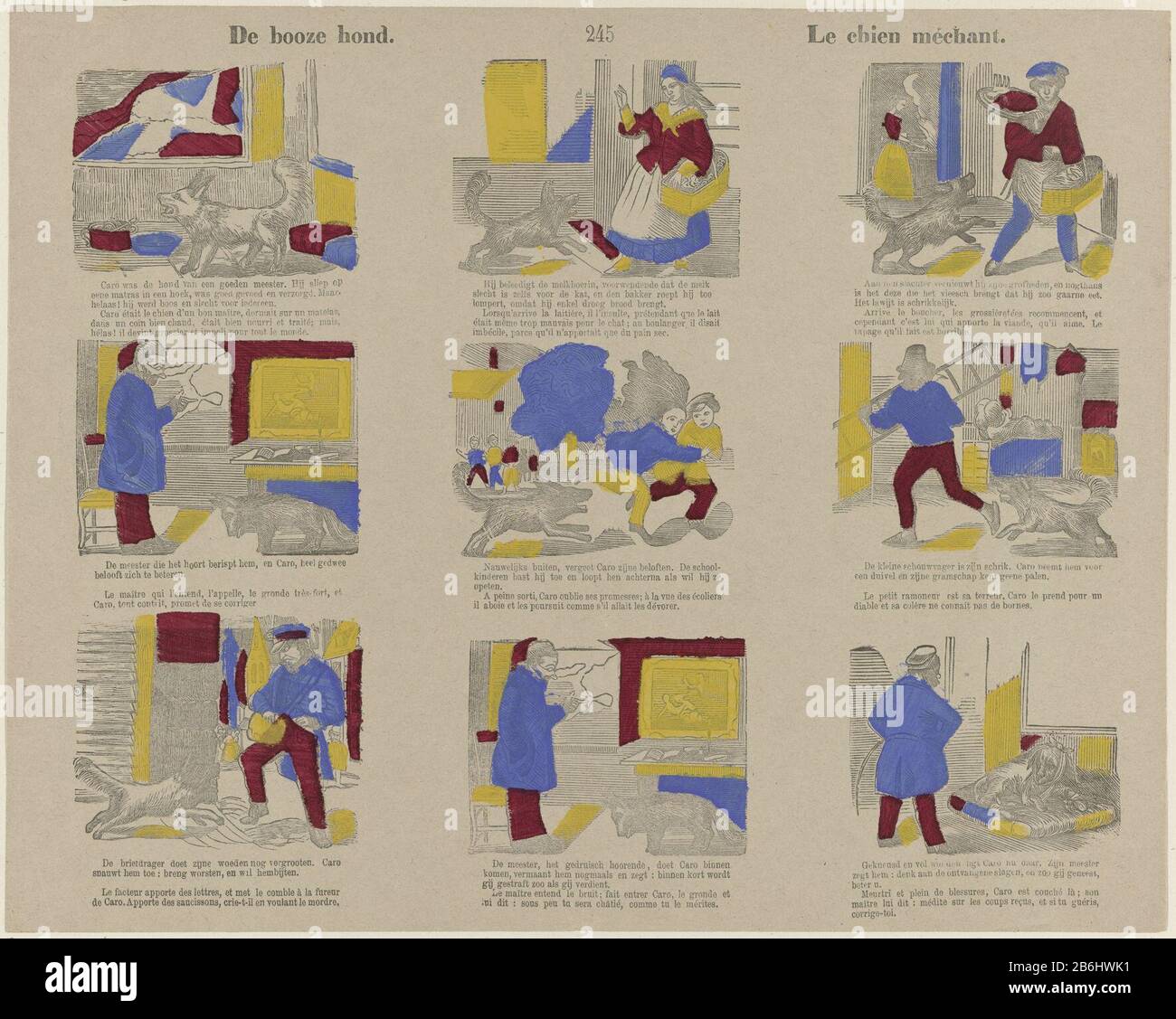Sheet 9 performances over the angry dog Caro. Under each picture a caption in Dutch and French. Numbered top center: 245. Manufacturer : publisher: Philippus Jacobus Brepols Print Author: anonymous place manufacture Turnhout Dating: 1800 - 1833 Physical features: woodcut colored in yellow, blue and red; text printing material: paper Technique: woodcut / colors / printing sizes: sheet: H 301 mm × W 378 mm Subject: stories and sprookjesdogBad Behavior Stock Photo