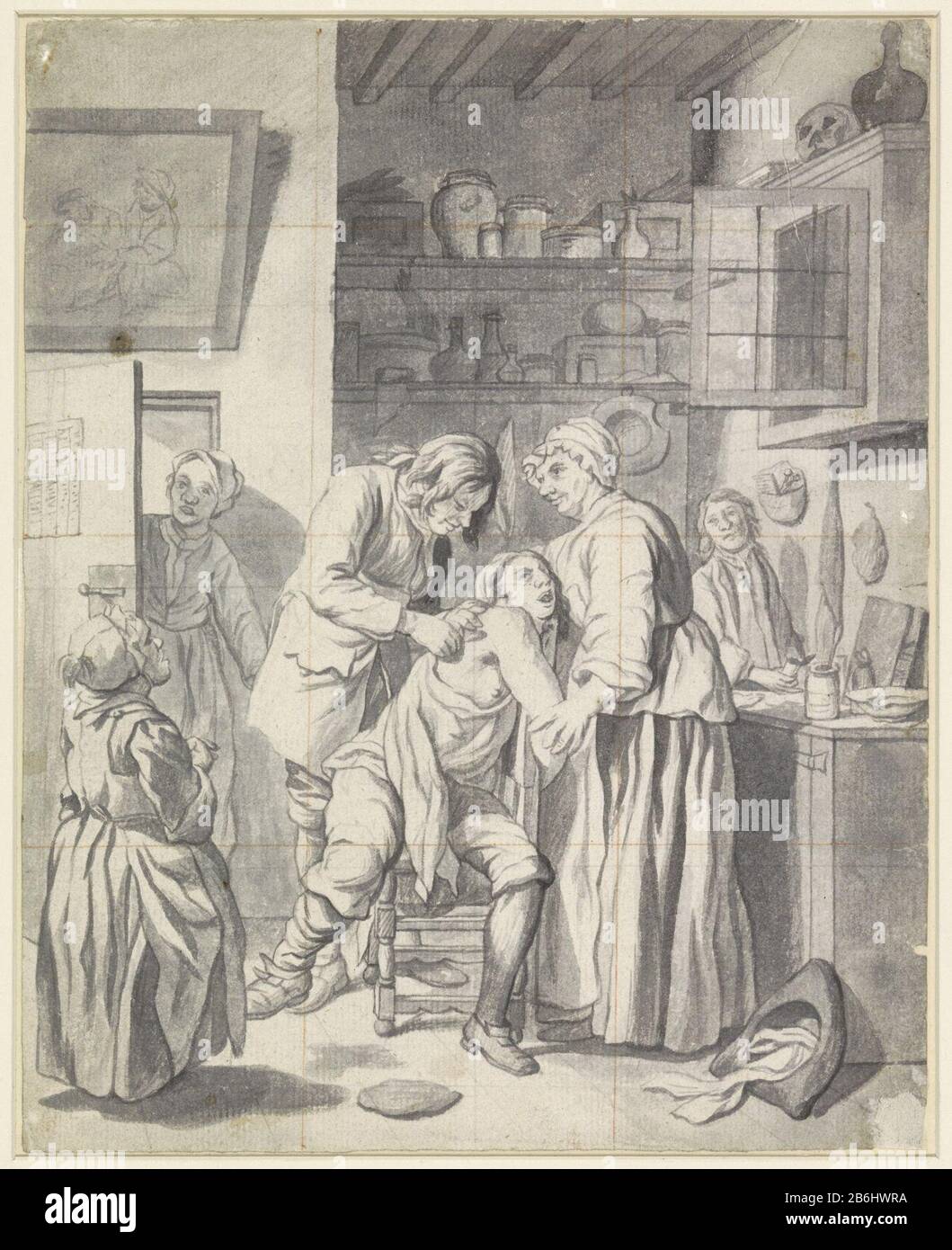 The surgeon Draft schilderij. Manufacturer : artist: Jan Josef Horemans (I) Dated: 1692 - 1759 Physical features: put on windows in red chalk , brush and gray material: paper Technique: brush / kwadraatnetvergroting Dimensions: h 239 mm × W 191 mm Subject Bumper 'operations' Stock Photo