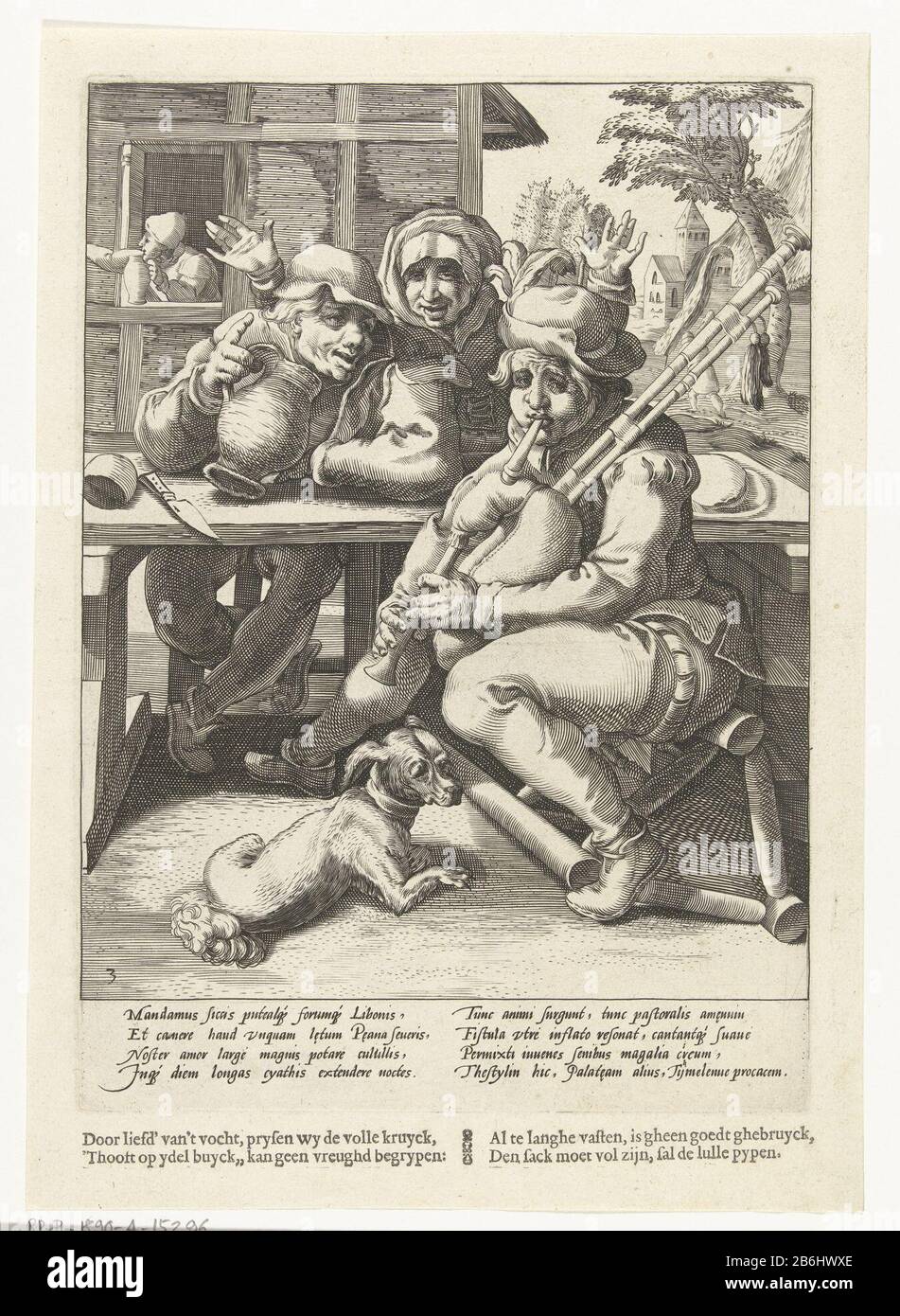 The bagpipe no sound, then he is full of the drinker and the piper Proverbs Karel van Mander (series title) a piper and a drunkard sit together. Behind the table, a woman raised her hands. The piper sitting on a fallen chair, sitting beside him a dog. Among the show an explanatory Latin verse Franco Estius and Dutch vers. Manufacturer : printmaker: Hendrick Goltzius (attributed to studio), designed by Karel van Mander (I) author: Franco EstiusPlaats manufacture Haarlem Dating: 1590 - 1594 Physical features: engra and text printing material: paper Technique: engra (printing process) / printing Stock Photo
