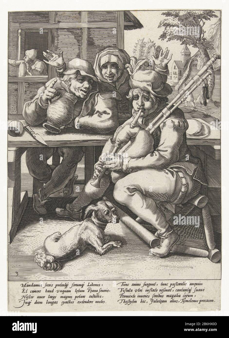 The bagpipe no sound, then he is full of the drinker and the piper Proverbs Karel van Mander (series title) a piper and a drunkard sit together. Behind the table, a woman raised her hands. The piper sitting on a fallen chair, sitting beside him a dog. Among the show an explanatory Latin verse Franco Estius. Manufacturer : printmaker: Hendrick Goltzius (attributed to studio), designed by Karel van Mander (I) author: Franco EstiusPlaats manufacture Haarlem Dating: 1590 - 1594 Physical features: car material: paper Technique : engra (printing process) Dimensions: sheet: h 243 mm × W 170 mmToelich Stock Photo