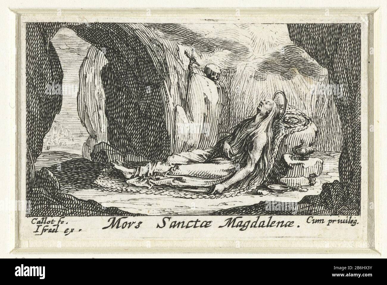 The death of Mary Magdalene Mors Sanctae Magdalenae (title object) the penitent saints (series title) Mary Magdalene lying dead in a cave, a crucifix and a skull beside him. Among the performance, a caption in Latin. This print is part of a series of six prints, consisting of a frontispiece and five performances of penitent heiligen. Manufacturer : printmaker Jacques Callot (listed building) publisher: Israel Henriet (listed property) provider of privilege: Louis XIII (king France) (listed building) Place manufacture: printmaker Nancy Publisher: Paris Date: 1632 Physical features: etching mate Stock Photo