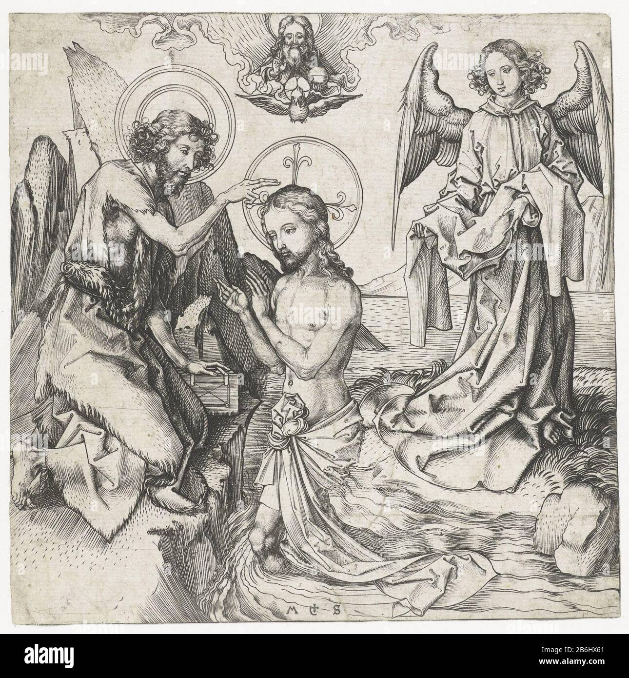 The Baptism of Christ Christ stands in a river behind him holding an angel fixed his clothes. John baptizes him, kneeling on the shore. Above Christ's head appear God and the Holy Spirit in the form of a duif. Manufacturer : printmaker Martin Schongauer (listed property) Place manufacture: Germany Date: 1470 - 1490 Physical features: car material: paper Technique: engra (printing process) Dimensions: leaf : h 155 mm × W 155 mm Subject: baptism of Christ in the river Jordan John the Baptist pouring out water on Christ's head: the Holy Ghost descends Stock Photo