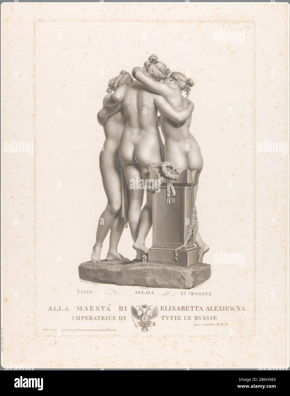 Achteraanzicht van een sculptuur van de drie gratiën (Talia, Aglaia en Eufrosine) door de Italiaanse beeldhouwer Antonio Canova. Opdracht onder de voorstelling. Manufacturer : prentmaker: Domenico Marchetti (vermeld op object)naar tekening van: Giovanni Tognolli (vermeld op object)naar beeld van: Antonio Canova (vermeld op object)opgedragen door: Antonio Canova (vermeld op object)opgedragen aan: Elisabeth Alexejevna (vermeld op object)Plaats manufacture: Italië Dating: 1790 - 1844 Physical kenmerken: gravure en ets Material: papier Techniek: graveren (drukprocedé) / etsen Dimensions: plaatrand Stock Photo