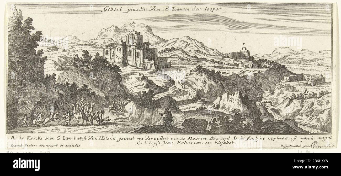 The birthplace of John the Baptist Topographic images of the Middle East (series title) Landscape with the birthplace of John the Baptist and the ruins of St. John the Baptist Church. in the foreground a Turkish caravan of camels being attacked. Above the landscape, the name of the site. The picture has a caption with references to Dutch buildings and places on the prent. Manufacturer : printmaker: Gaspar Bouttats (listed property) to drawing: Jan Peeters (I) (listed building) publisher: Jan Peeters (I) (listed object) Place manufacture: Antwerp Date: 1672 Physical features: etching material: Stock Photo