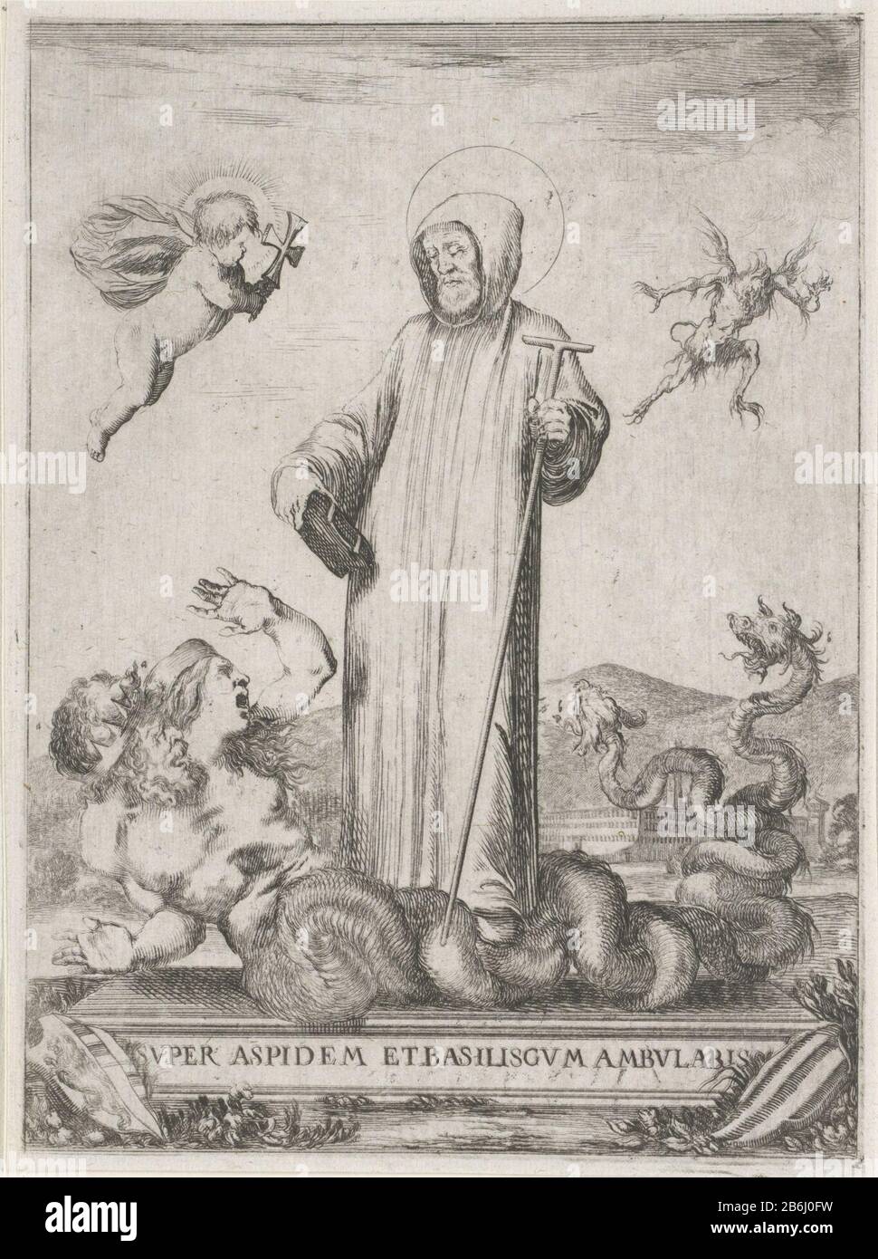 The saint John Gualbert trampled sample Super aspidem et basiliscum ambulabis (title object) Life of Saint John Gualbert (series title) The saint John Gualbert contained with a tau-rod and a bible. With his foot he tramples a monstrous creature with two human heads and a tail with two dragon heads. Left floats an angel with a cross on the right a devilish wezen. Manufacturer : printmaker: Stefano della Bella Dated: 1620 - 1664 Physical features: etching material: paper Technique: etching Dimensions: plate edge: H 188 mm × W 140 mmToelichtingPrent from a series of five prints on life of St. Joh Stock Photo