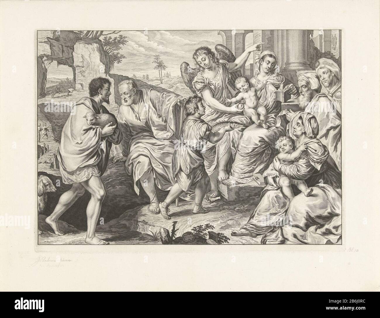 The holy family in the company of others In a mountainous landscape is Mary with Christ on her lap. She reads a book, while an angel Christ affords a apple and Tobias shows him a fish. Joseph talking to a man with a lamb in his arms and John Elizabeth has her son on her lap. Behind Elizabeth are two pelgrims. Manufacturer : print maker: Jeremias Falck to painting of: Bonifazio Veronesenaar painting of: Jacopo Palma (il Vecchio) (rejected attribution) Place manufacture: print maker: Amsterdam To painting of: Italy To painting of: Italy Date: 1655 - 1677 Physical features: engra material: paper Stock Photo