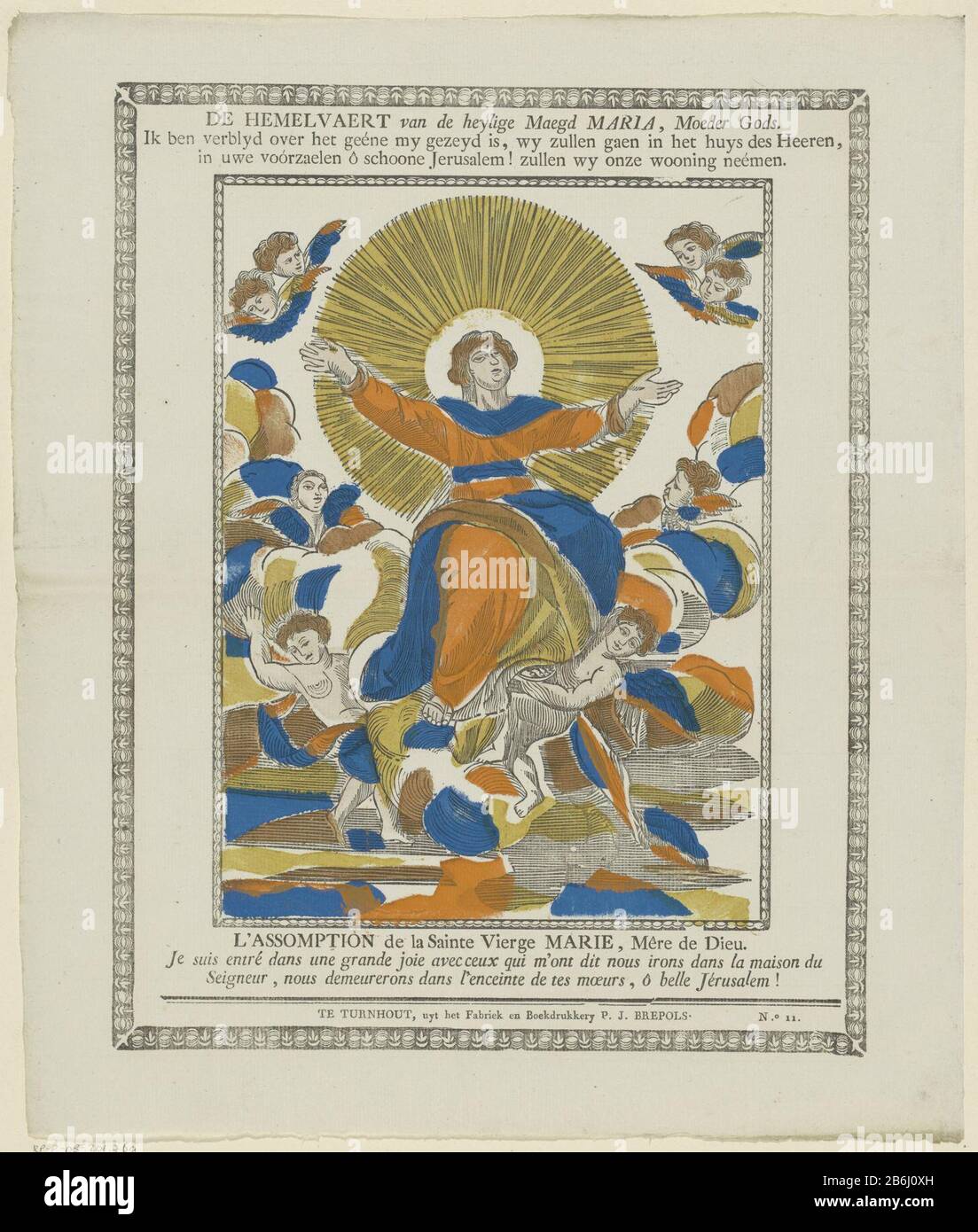 The Ascension Of Mary With Mary Sitting On Wolke Supported By Putti Above And Caption In Dutch And French Completely Surrounded By A Decorative Band Numbered Bottom Right No 11 Manufacturer