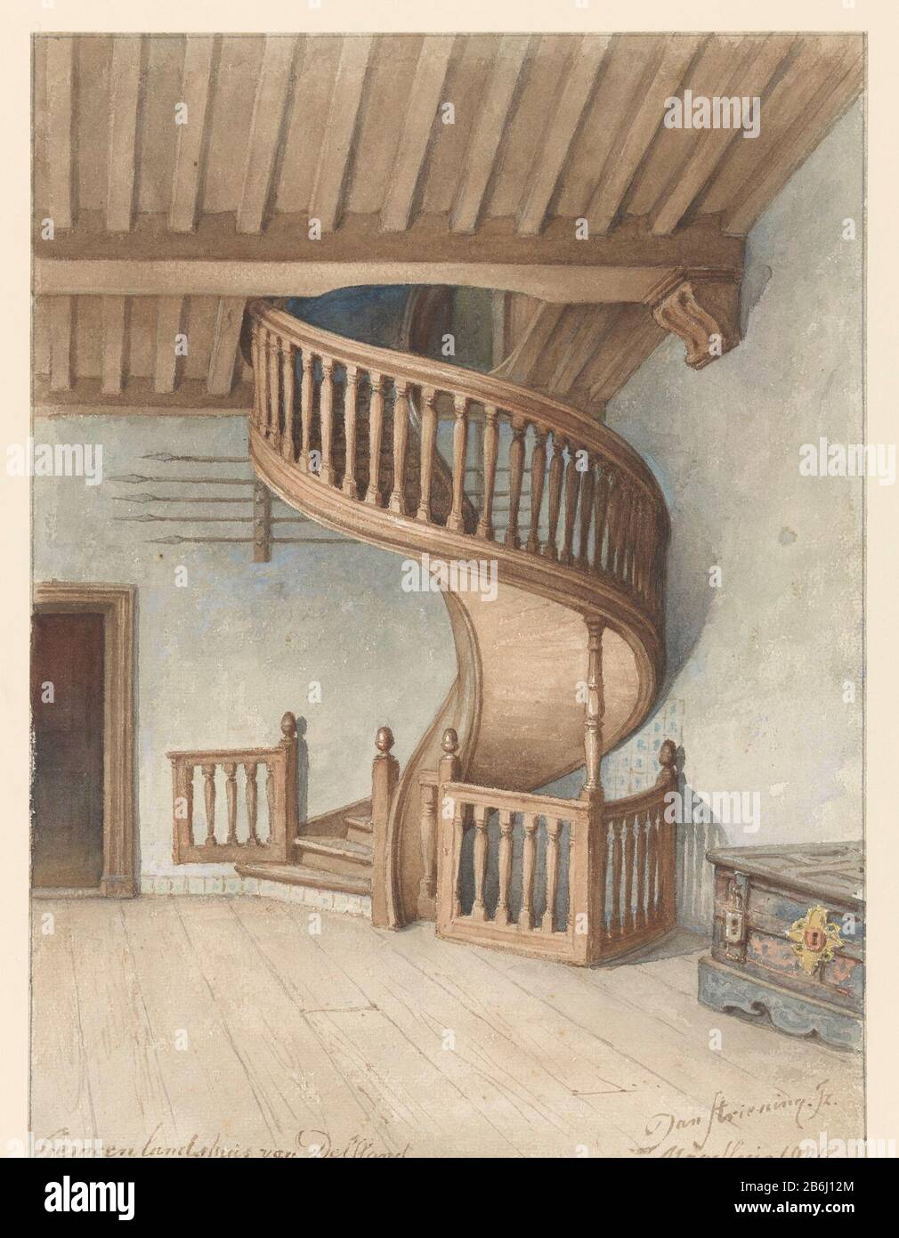 The wooden staircase in the Gemeenlandshuis Delfland, Maassluis The wooden spiral staircase in the Gemeenlandshuis Delfland, Maassluis Property Type: drawing watercolor Item number: RP-T 1968-34 Manufacturer : artist: Jan Striening Dating: 1901 Physical features: brush color material: paper watercolor technique: Brush dimensions: h 438 mm × W 318 mm Subject: staircasenames of cities and villages (MAASSLUIS) names of historical buildings, sites, streets, etc. (COMMON COUNTRY HOUSE DELFLAND) Where: Maassluis Stock Photo