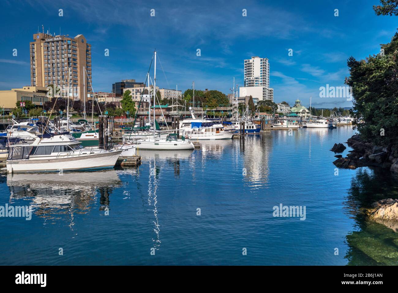 Boats at marina in Nanaimo Harbour, downtown buildings, Nanaimo, Vancouver Island, British