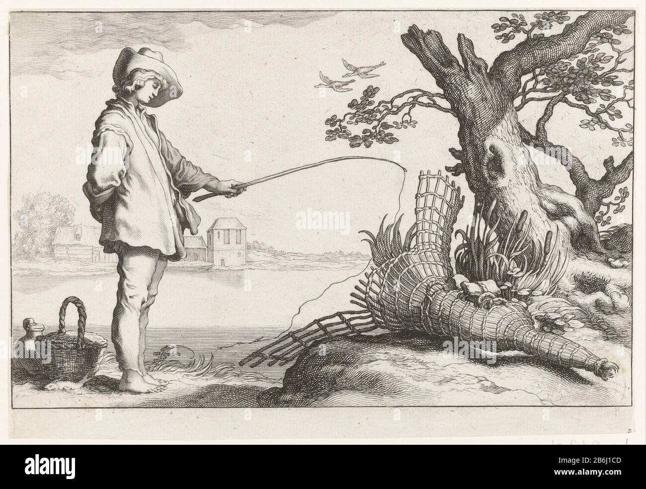 a young man standing next to a basket and jug on the edge of a lake and