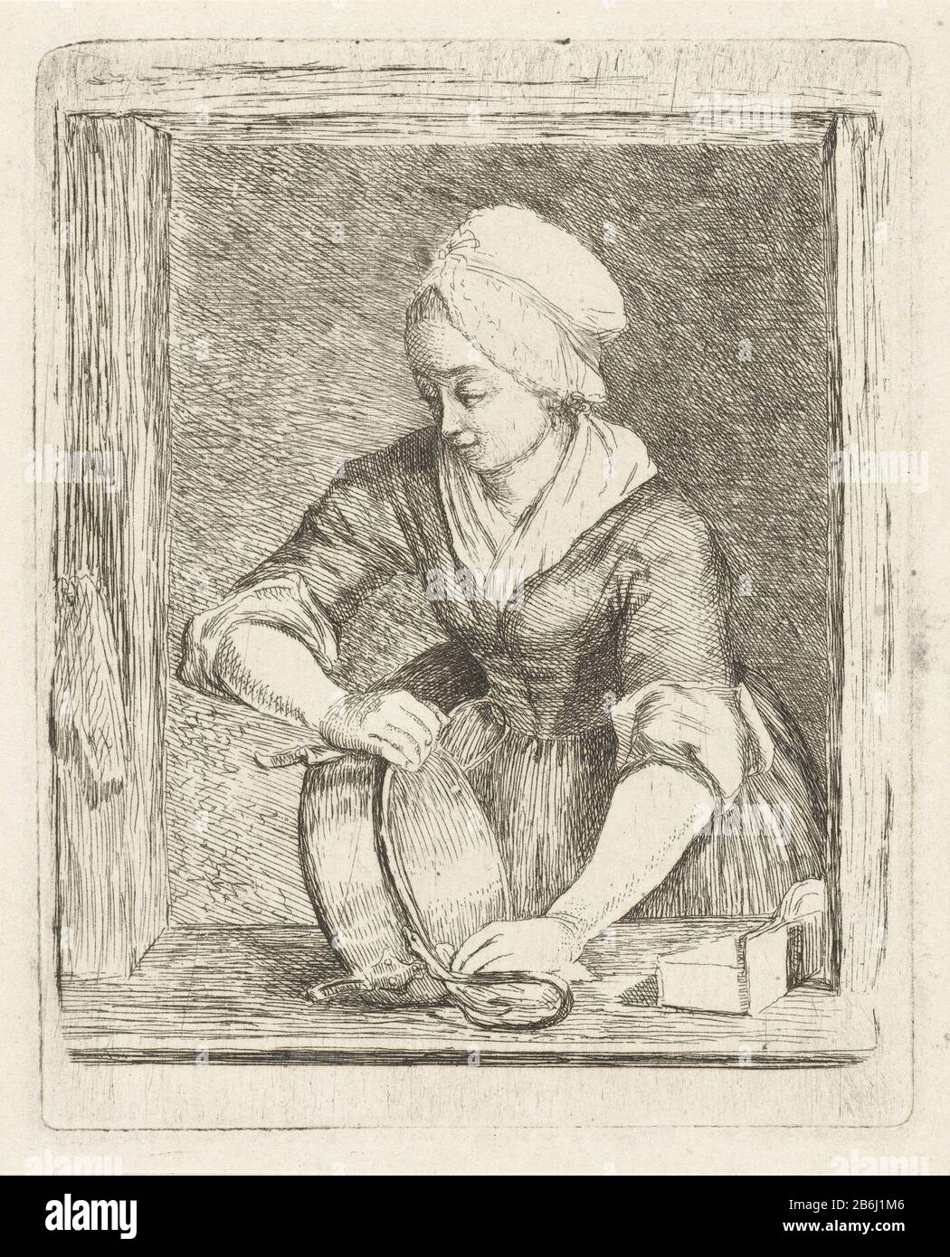 The boiler abrasive ester The boiler barn star property type: picture Item number: RP-P-1888-A-13784Catalogusreferentie: Hora Siccama 38-1 (3) Description: A young servant girl looking out the window while a boiler schuurt. Manufacturer : printmaker: Louis Bernard Coclersnaar painting: Louis Bernard CoclersPlaats manufacture: Leiden Date: 1780 Physical features: etching material: paper Technique: etching dimensions: plate edge: h 117 mm × W 95 mm Subject: washing up Stock Photo