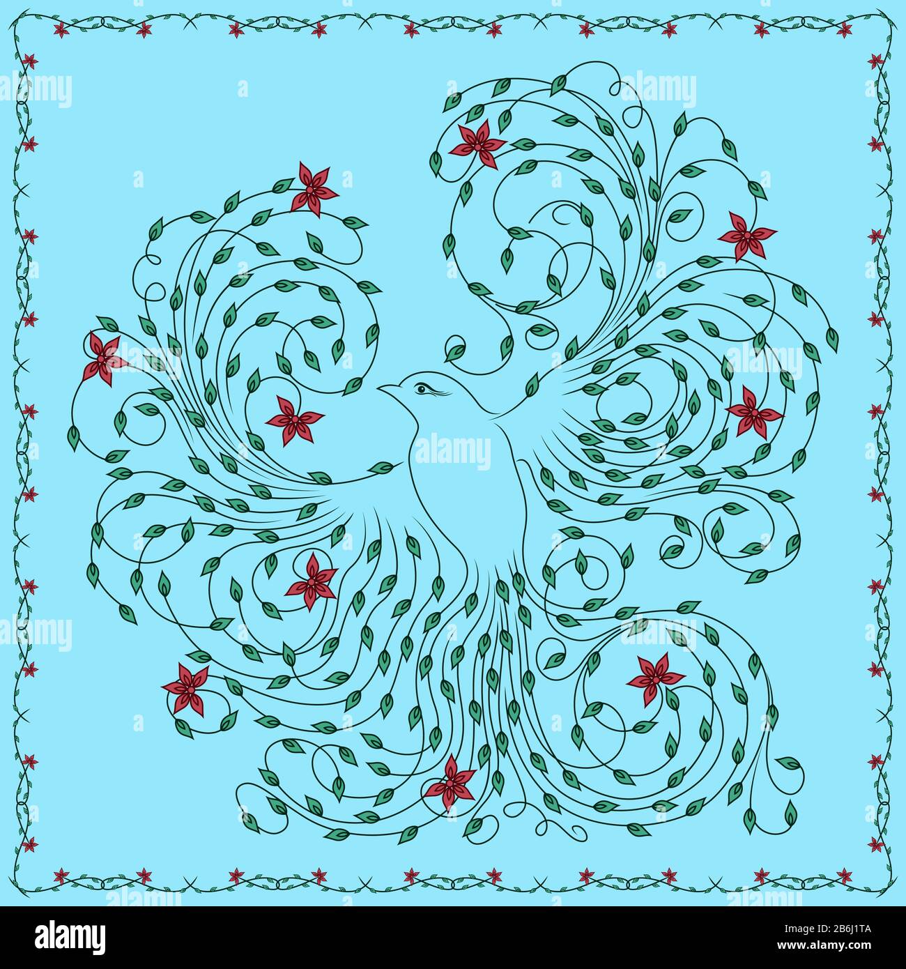 Beautiful bird whose wings and tail with floral elements in green and red hues on the pale blue background, framed by a frame Stock Vector