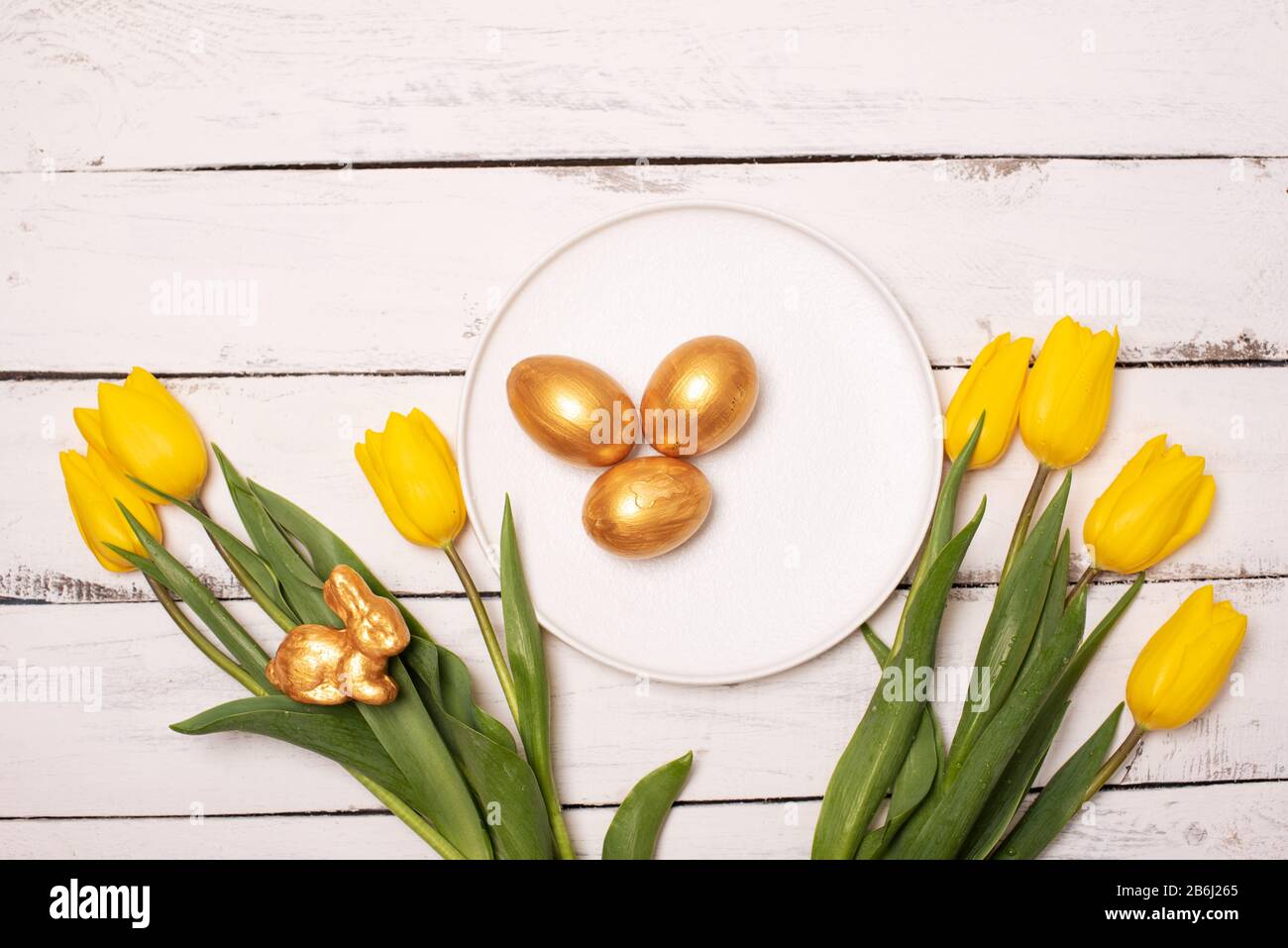 Easter background with blue and white eggs in nest and yellow tulips ...