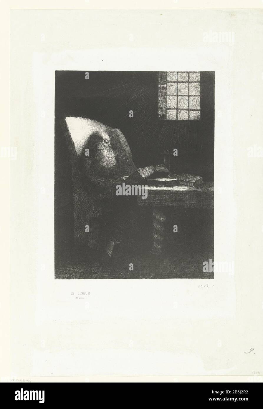 The reader Le Liseur (title object) portrait of Rodolphe Bresdin French artist Rodolphe Bresdin, sitting in a big chair at a table and reading a book manufacture manufacturer: printmaker: Odilon Redon (listed building) printer: BecquetPlaats manufacture: printmaker: France Publisher: Paris Date: 1892 Physical features: lithography machine collé Material chine collé Technique: lithography (technique) Dimensions: image: h 308 mm × W 236 mmblad: h 540 mm × W 374 mm Subject: lezenWie: Rodolphe Bresdin Stock Photo