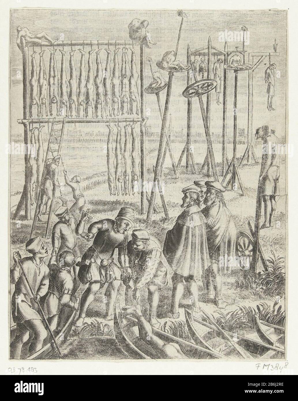 The bodies of the Anabaptists on the gallows, 1535 The bodies of the Anabaptists be hung on gallows on the Volewijk gallows, 1535. Print cut from the book. Without the fresh under the voorstelling. Manufacturer : print maker: anonymously to painting of: Barend DirckszPlaats manufacture: Northern Netherlands Date: 1612 - 1614 Physical characteristics: engra material: paper Technique: engra (printing process) Measurements: plate edge: H 213 mm × W 170 mmToelichtingIllustratie for: L . Hortensius, D. The book Lamberti Hortensii (...). Van den der riot re-baptism down, Meyn L. J., Enkhuizen 1614, Stock Photo