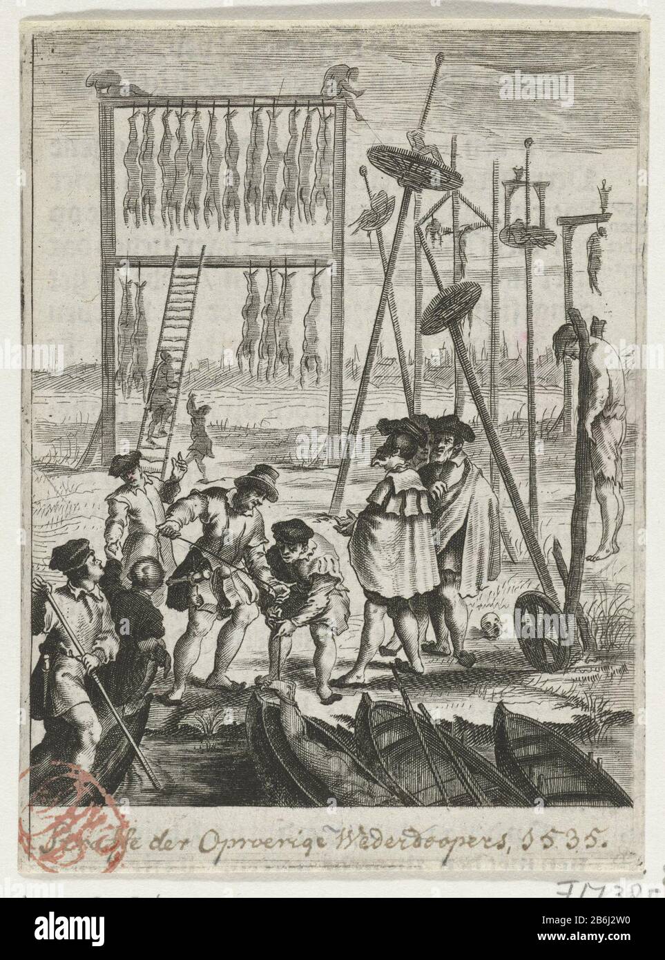 The bodies of the Anabaptists on the gallows, 1535 The bodies of the Anabaptists be hung on gallows at the gallows Volewijk, 1535. Without the poem. Print out the book cut with text verso. Manufacturer : printmaker: anonymous to print by: anonymous to painting: Barend DirckszPlaats manufacture: Northern Netherlands Date: 1657 - 1659 Physical features: etching and engra material: paper Technique: etching / engra (printing process) Dimensions: plate edge: h 107 mm × b 80 for mmToelichtingIllustratie: L. Hortensius, D. The book Lamberti Hortensii (...). Van den der riot re-baptism down, J.J. Schi Stock Photo