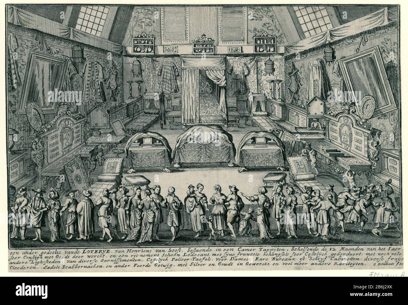The lottery of Henricus van Soest, Antwerp, 1695 Another portion Vande Loterye of Henricus van Soest () (title object) Other representation of a hall with the established prizes in the lottery by Henricus van Soest, the Bourse in Antwerp in 1695. in front of visitors, including the prices several cribs, furniture and tapestries. Among the performance description in four lines of some of the prices (see also FMH 2941) . Manufacturer : printmaker: Gaspar Bouttats (listed property) Place manufacture: Southern Netherlands Date: 1695 Physical features: etching material: paper Technique: etching Dim Stock Photo