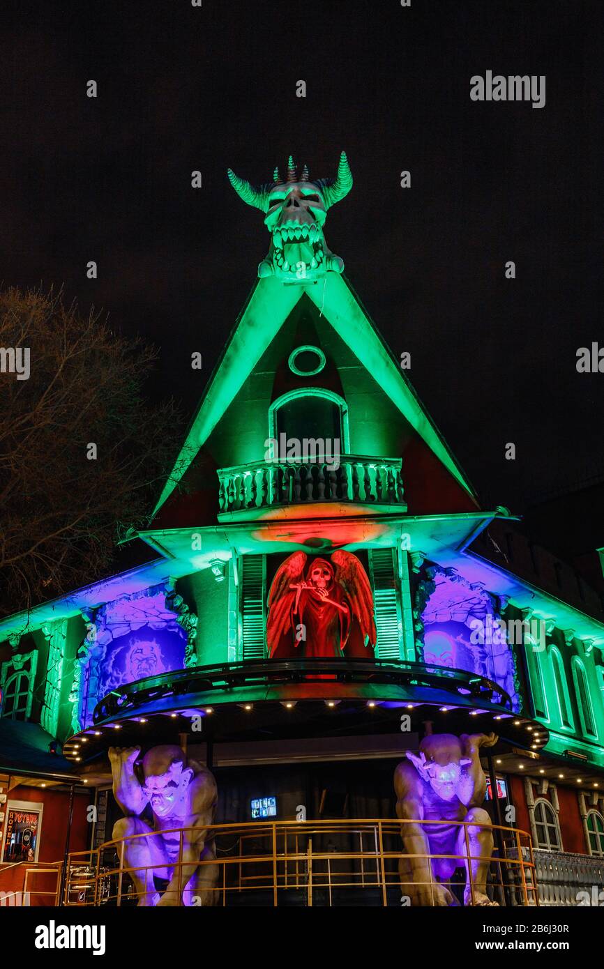 24 MARCH 2017, PRATER PARK, VIENNA, AUSTRIA: Night shot of house of horror in amusement park Stock Photo