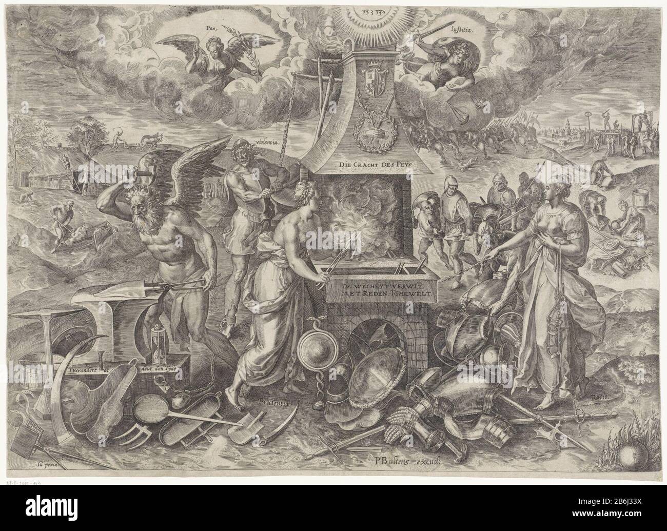 Allegory closed at peace with the Edict of 1577. Caution (Prudentia) forges heavy: den into plowshares, in an oven. She is helped by Reason (ratio). The chimney weapon of Don Juan. Father Time agricultural forge weapons and armor. Violence (Violentia) is chained to the anvil, and is forced to assist in the heating of the furnace. Right in the background represents the end of the war. Left in the background edit fields, in reference to the development of the country. look from heaven Peace (Pax) and Justice (Justitia) increasing. Between them the tetragrammaton as a symbol of God Vader. Manufac Stock Photo