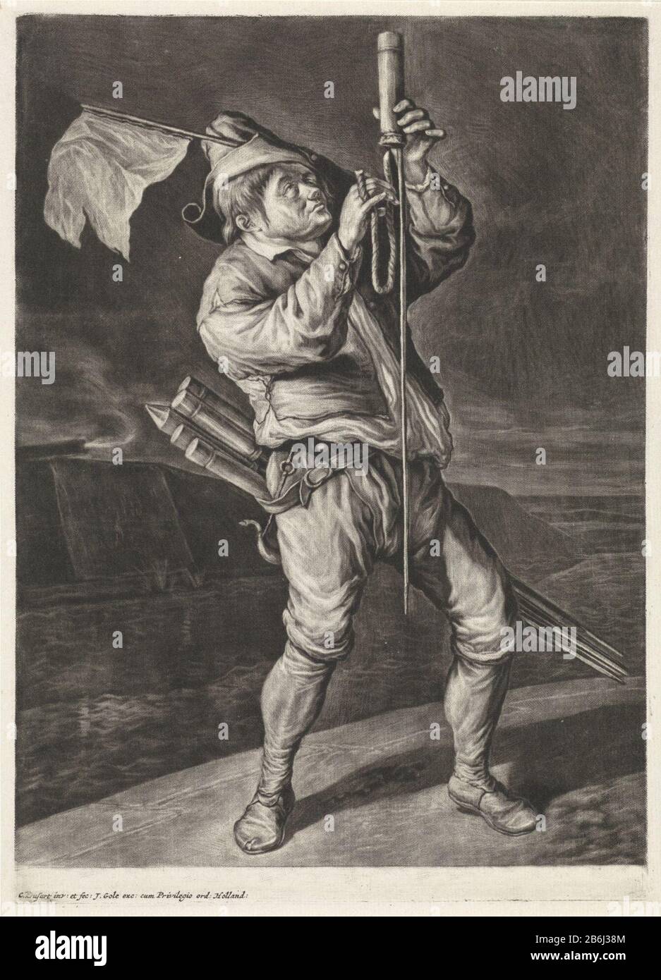 The man with the rocket to the general joy of Namur intake by William III, King of England, in September 1695 (series title) a man lights a fuse to a flare. The print is part of a series of eight prints made following the conquest of Namur by the Allies on September 5 1695. Manufacturer : printmaker Cornelis Dusart (listed building) Publisher: Jacob Gole (listed property) provider of privilege: States of Holland and West Friesland (listed property) Place manufacture: printmaker: Haarlem Publisher: Amsterdam Date: 1695 - 1704 Physical features: mezzotint and engra material: paper Technique: mez Stock Photo