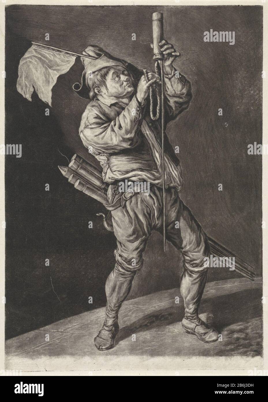 The man with the rocket to the general joy of Namur intake by William III, King of England, in September 1695 (series title) a man lights a fuse to a flare. The print is part of a series of eight prints made following the conquest of Namur by the Allies on September 5 1695. Manufacturer : printmaker Cornelis DusartPlaats manufacture Haarlem Dating: 1695 - 1704 Physical features: mezzotint; proofing material: paper Technique: mezzotint dimensions: plate edge: H 248 mm × W 177 mm Subject: light, fire, smoke, etc. used for signaling: rocket celebration of the conquest of Name When: 1695 - 1695 Stock Photo