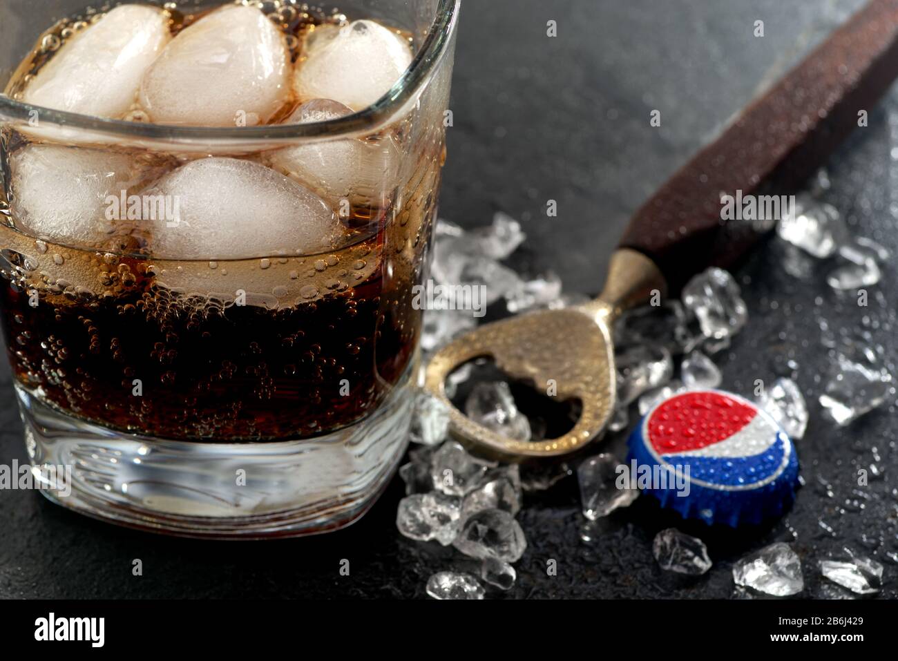 Koszalin, Poland - March 11, 2020: cool Pepsi drink with ice . Pepsi is popular carbonated soft drink manufactured by PepsiCo Stock Photo