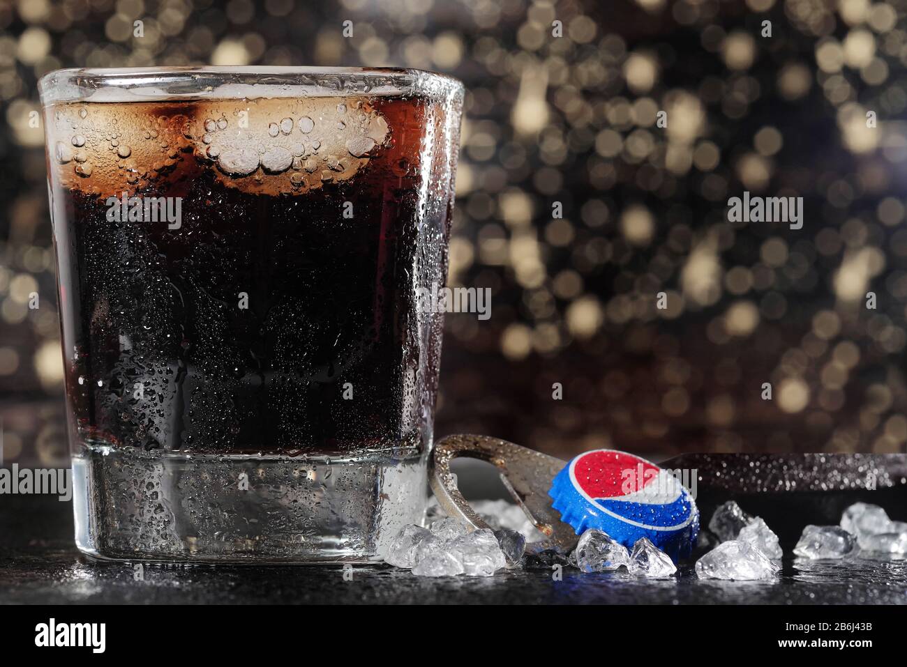 Koszalin, Poland - March 11, 2020: cool Pepsi drink with ice . Pepsi is popular carbonated soft drink manufactured by PepsiCo Stock Photo