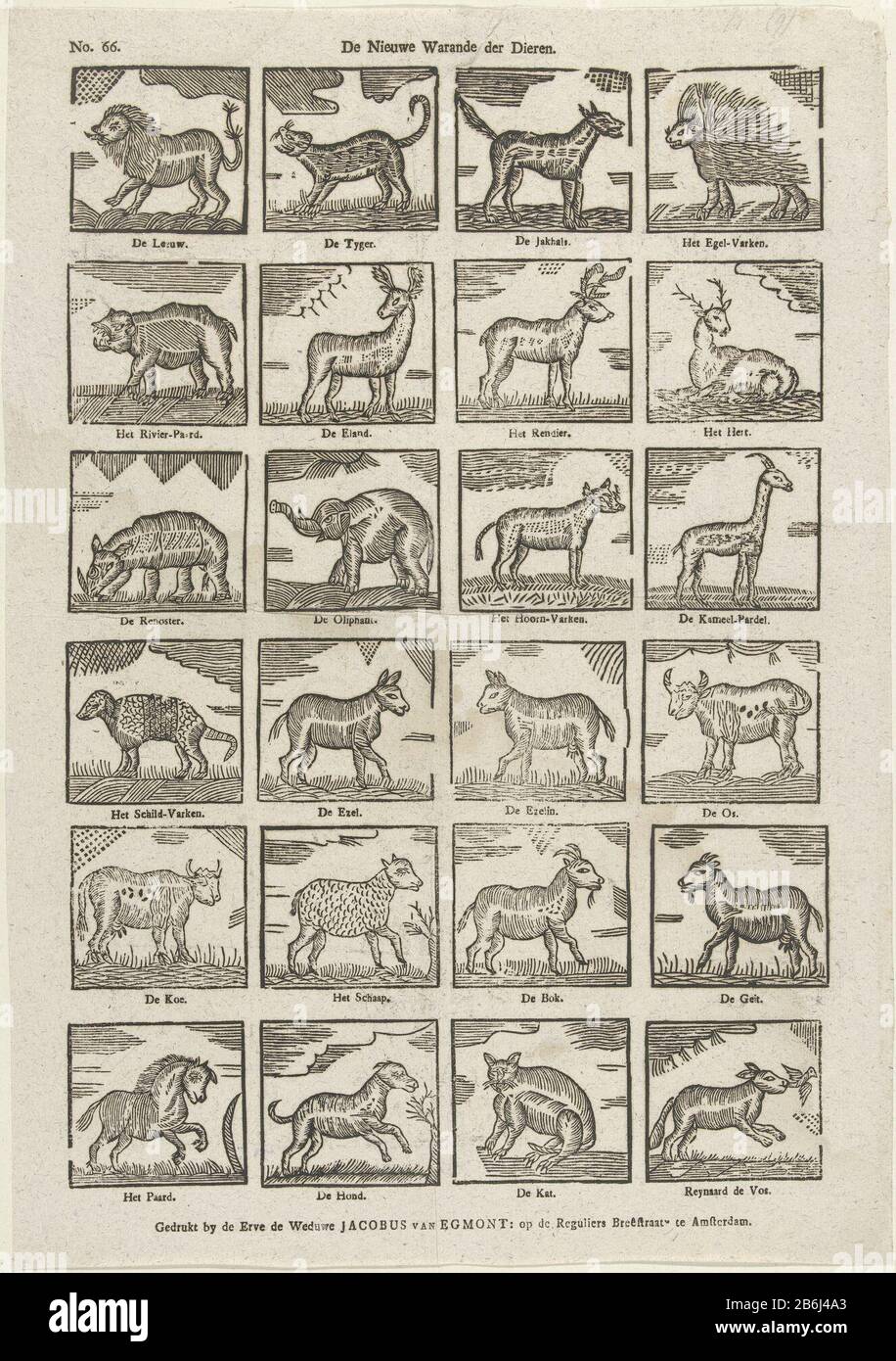 The new warande of animals (title object) Leaf with 36 representations of  animals Where: under a lion and Reynaard Fox. Under each picture, the name  of the animal. Numbered top left: No.