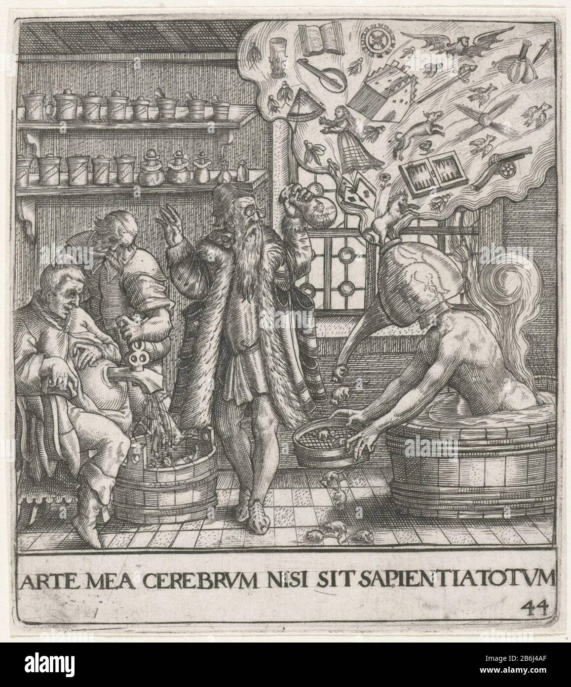 The narrendokter by my BRAIN unless SAPIENTIATOTUM (titel op object), the secular Emblem, 1596 (serietitel) a treatment from a doctor ', which occur remarkable scenes . A man sitting in a wooden tub, a retort on his head, where his delusions in the form of objects that refer to money, war and superficial pastimes and mercenary love, be distilled. They returned after treatment to worries and fall like dead mice through a sieve, which stops the man with both hands. In the middle is a learned physician - in the corresponding epigram 'Dr. Filzhut 'called - with glasses on, watching a little jester Stock Photo