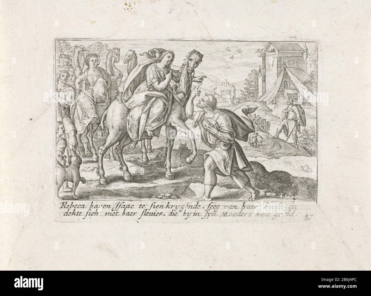 The meeting of Isaac and Rebecca Liber Genesis (series title) Eliezer Rebekah takes his camel back to Canaan. Isaac sits on his field and sees the company. In the margin a two-line caption in Nederlands. Manufacturer : printmaker: Crispijn of Passe (I) Publisher: Isaac Greve Place manufacture: printmaker: Utrecht Publisher: Amsterdam Date: 1700 - 1750 Physical features: car material: paper Technique: engra (printing process) Dimensions: plate edge : h 80 mm × W 115 mmToelichtingPrent also used in: Genesis Liber / Het Genesis, third edition. Amsterdam: Y. Greve. Subject: Rebekah returns home is Stock Photo