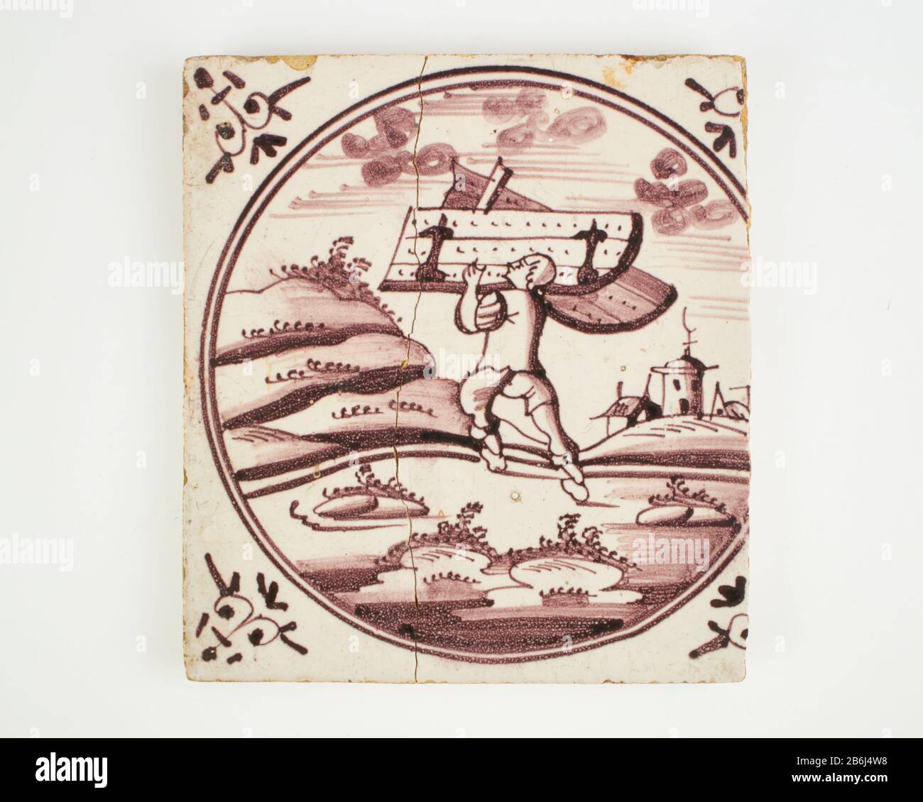 Antique 19thc. Delft manganese Samson carrying the gate pottery tile. Stock Photo