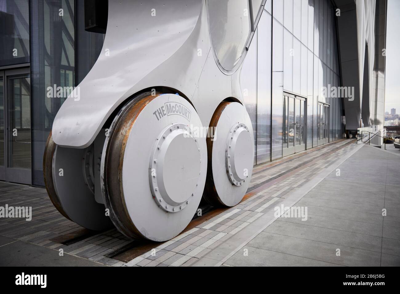 New York city Manhattan High Line Hudson detail of wheels on Shed is a cultural centre in Hudson Yards Stock Photo