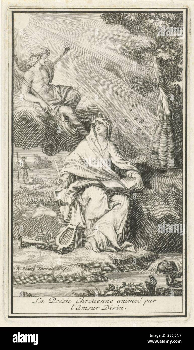 Landscape with the female personification of Christian poetry, a quill in hand. She looks up to divine love, a flame over the head and a flaming arrow in hand. He teaches her to heaven. In the background a shepherd with his kudde. Manufacturer : printmaker: Bernard Picart (studio) to draft: Bernard Picart (listed property) Place manufacture: Amsterdam Date: 1713 Physical features: etching and engra material: paper Technique: engra (printing process) / etching dimensions: plate edge: h 135 mm × W 80 mm Subject God's perfections (personifications and symbolic representations of) Love; 'Amore (se Stock Photo