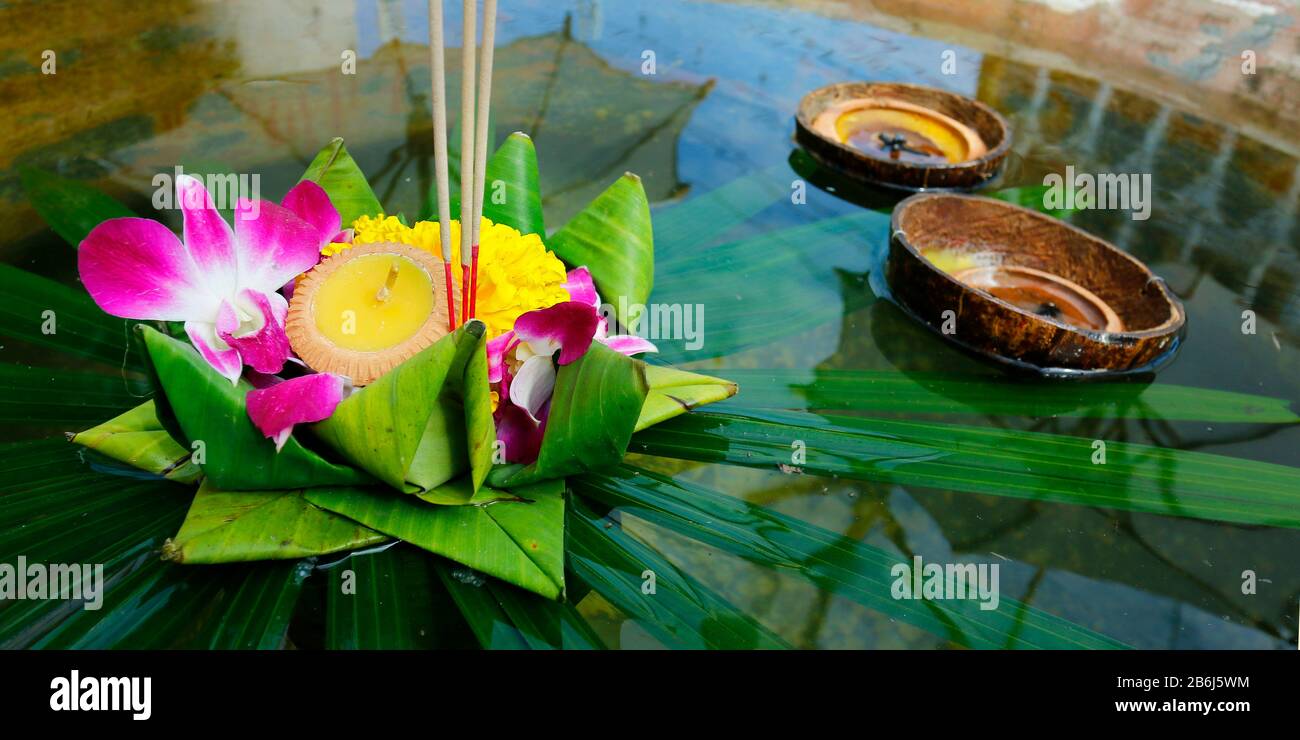 krathong ,hand crafted floating basket by banana leaf,decorated with
