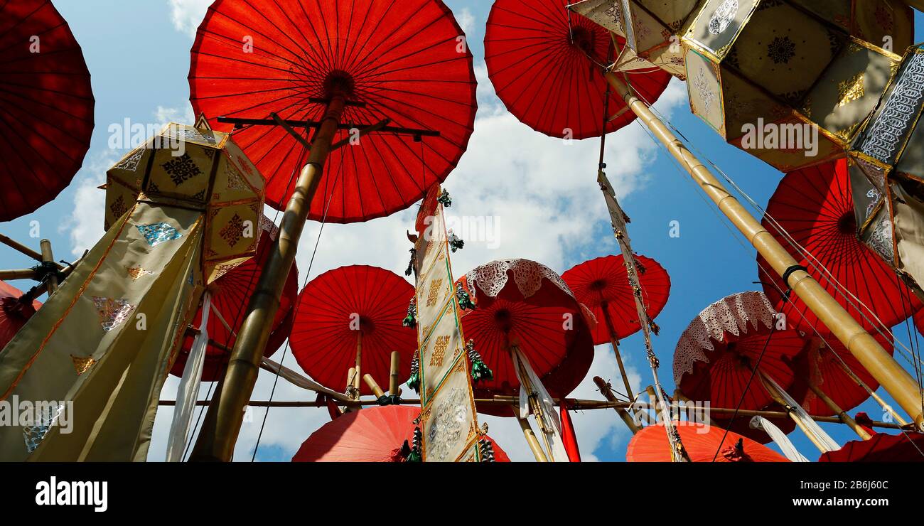 red umbrella in buddhist temple,Chiang mai,Thailand Stock Photo Alamy