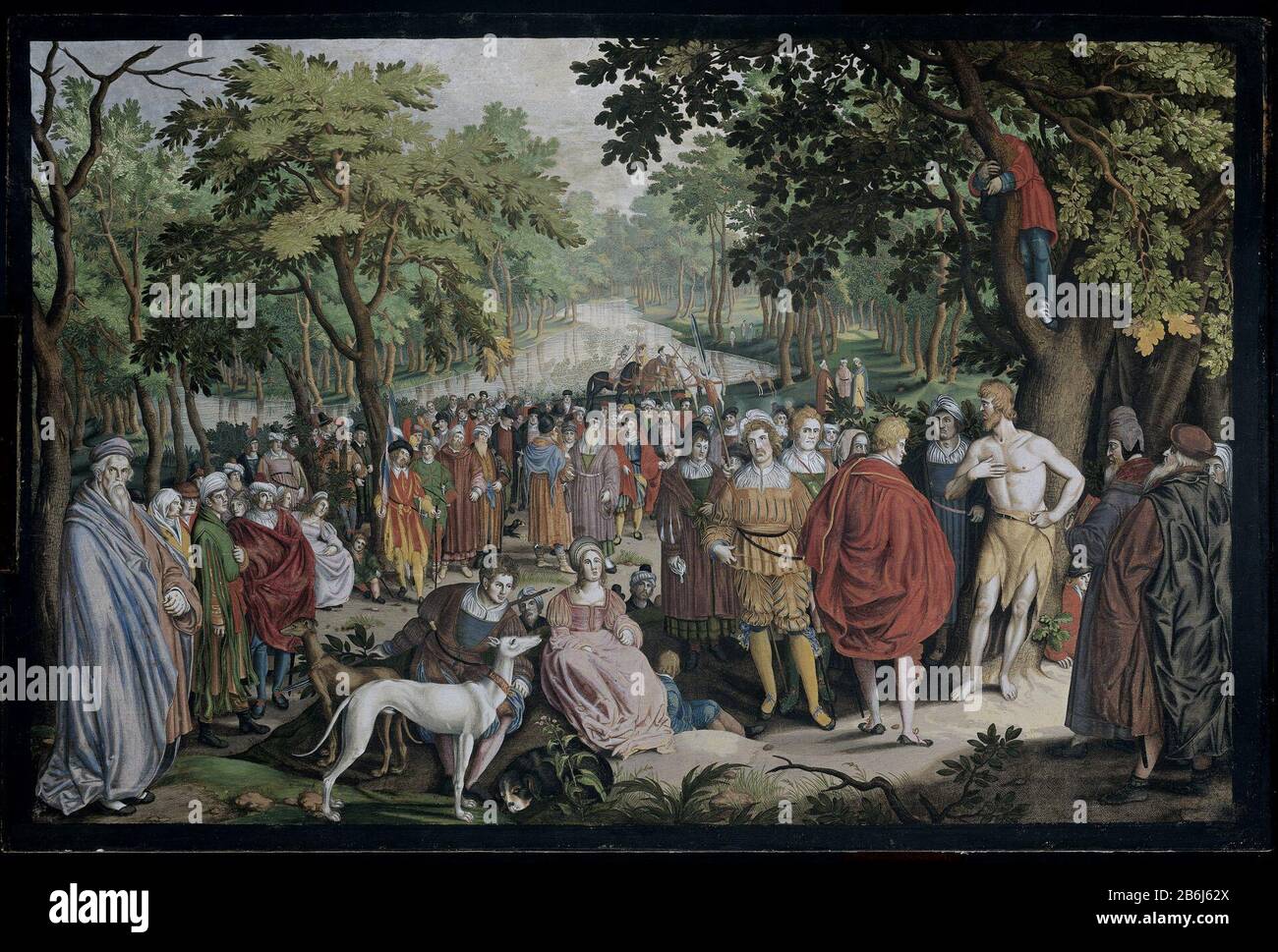 The preaching of John the Baptist on the banks of the Jordan John the  Baptist preaching to a large crowd. In the tree above him is a boy. For a  middle elegantly, image size:1300x969