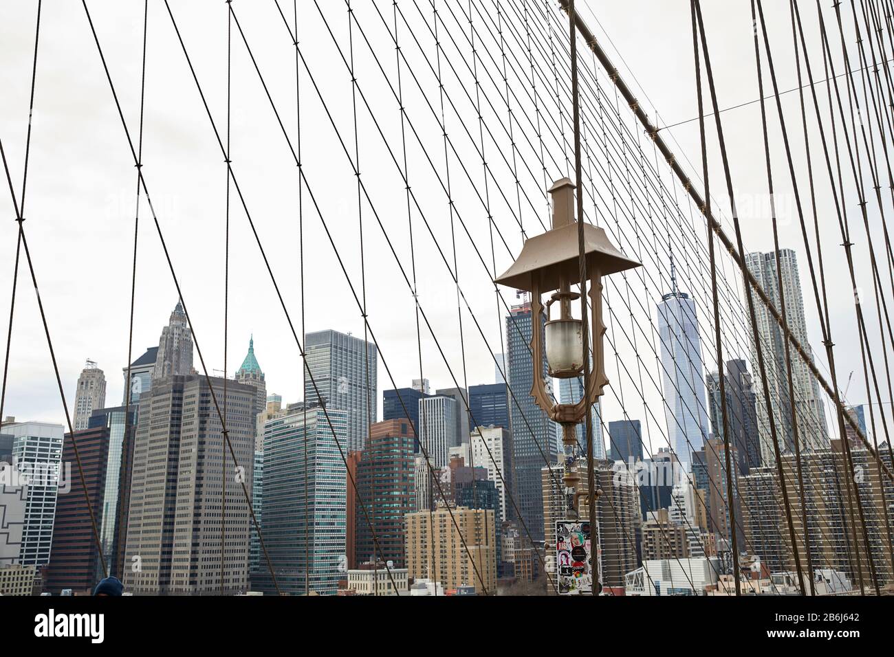 New York city Manhattan Brooklyn Bridge with the skyline behind Stock Photo