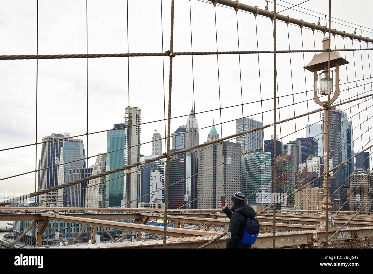 New York city Manhattan Brooklyn Bridge with the skyline behind Stock Photo