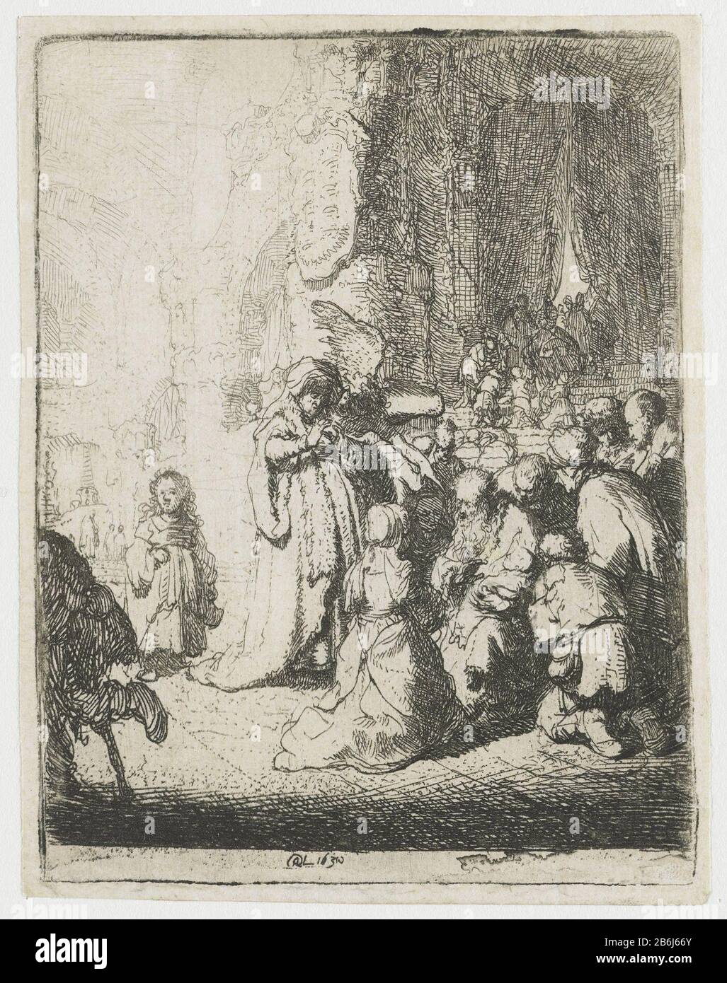 The presentation in the temple with the angel The presentation in the temple with the angel Object type: picture Item number: RP-P-1961-1012Catalogusreferentie: New Hollstein Dutch 54-2 (2) Bartsch 51-2 (2) Hollstein Dutch 51-2 (2 ) Markings / Brands: monogram and date, bottom center: 'RHL 1630'opschrift, verso middle pencil:' John Barnard Collection / Arozarena Collection'merk, verso center below: Lugt 2228merk, verso center below: Lugt 109inscriptie, verso right: 'C. 398 (Colnaghi number) Manufacture Creator: printmaker Rembrandt van Rijn (listed building) in its design: Rembrandt van Rijn D Stock Photo