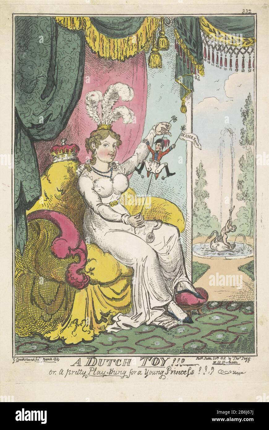 The Prince of Orange toy for Princess Charlotte, 1814 A Dutch Toy - or, a pretty play-thing for a young Princess (title object) Cartoon by William Frederick George Louis, Prince of Orange-Nassau ( later king William II), presented as a puppet, a plaything in the hands of the English princess Charlotte. The prince has in his hand a flag with the inscription 'Orange Top. In the background a fountain. Charlotte broke in May 1814 her engagement to the Prince of Orange. Numbered top right: 332. Manufacturer : printmaker: George Cruikshank (listed building) Publisher: Thomas Tegg (listed property) P Stock Photo