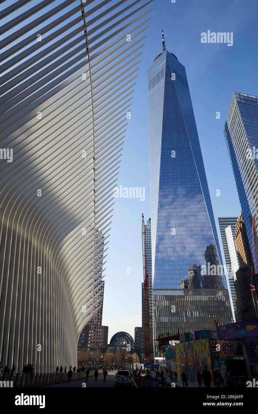 New York city Manhattan Gloveworx Westfield World Trade Centre shopping mall and Freedom Tower Stock Photo