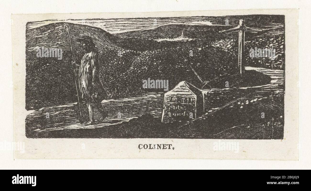 De reis van Colinet Colinet's journey, a milestone markes LXII miles to London Illustrations of imitation of Eclogue I (serietitel) Colinet walking along a path, crook in hand. Along the way a stone landmark bearing LXII miles to London. Manufacturer : printmaker William Blake To own design: William Blake Principal: Robert John Thornton Place manufacture: England Date: 1820 - 1821 Physical features: wood engra material: paper Technique: wood engra dimensions: image: h 35 mm × W 74 mmToelichtingIllustratie from imitations or Ecologue I, the eighteenth-century imitation of the first eclogue of V Stock Photo