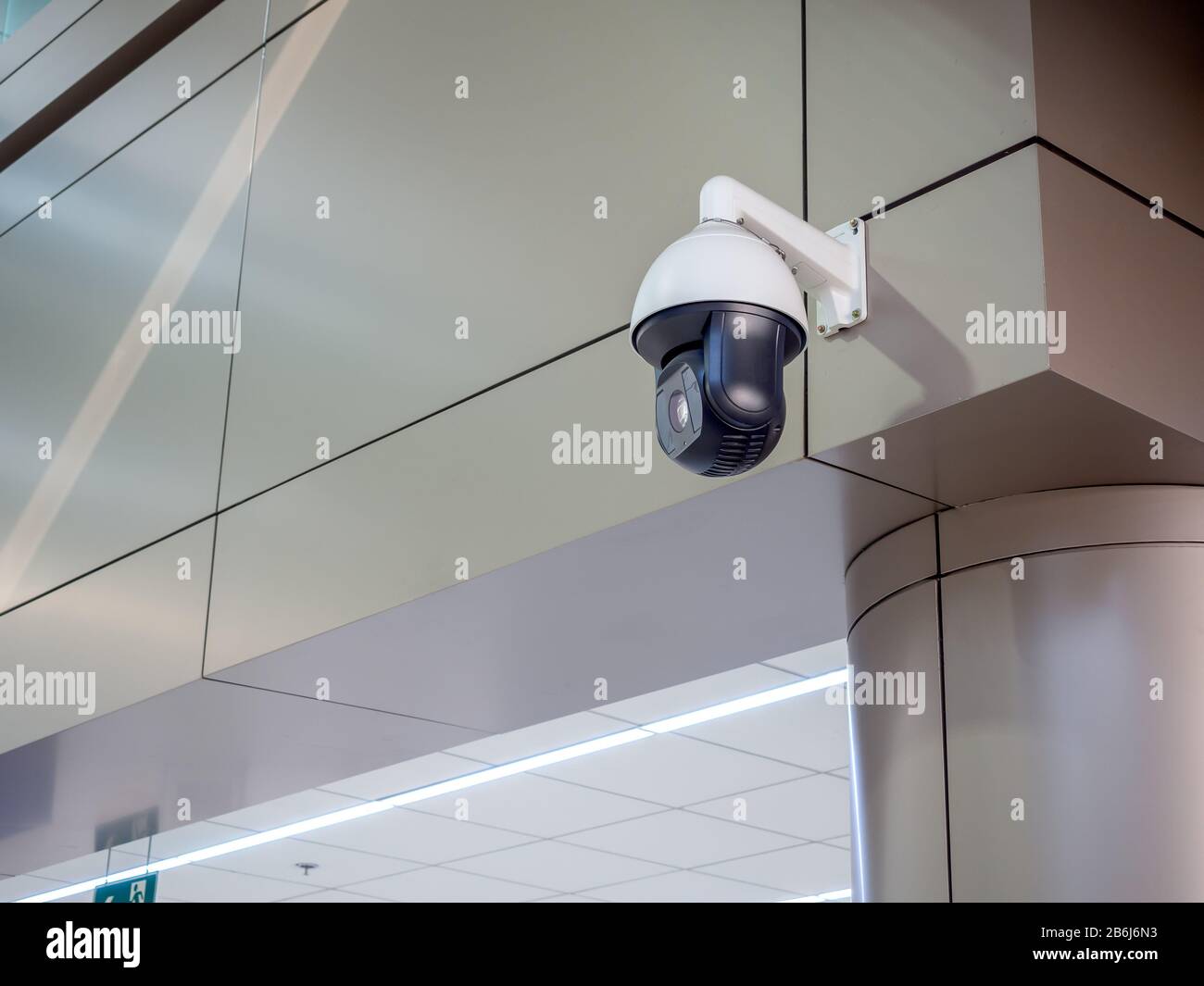 Security Camera in terminal in airport with copy space. CCTV on location, airport. Stock Photo