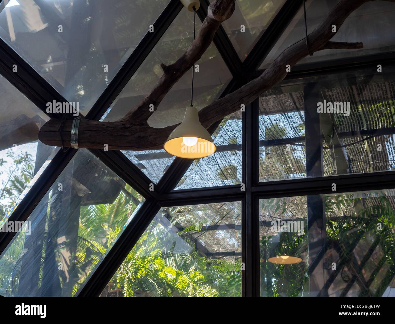 Modern ceiling light or light bulb hanging from ceiling in glass house