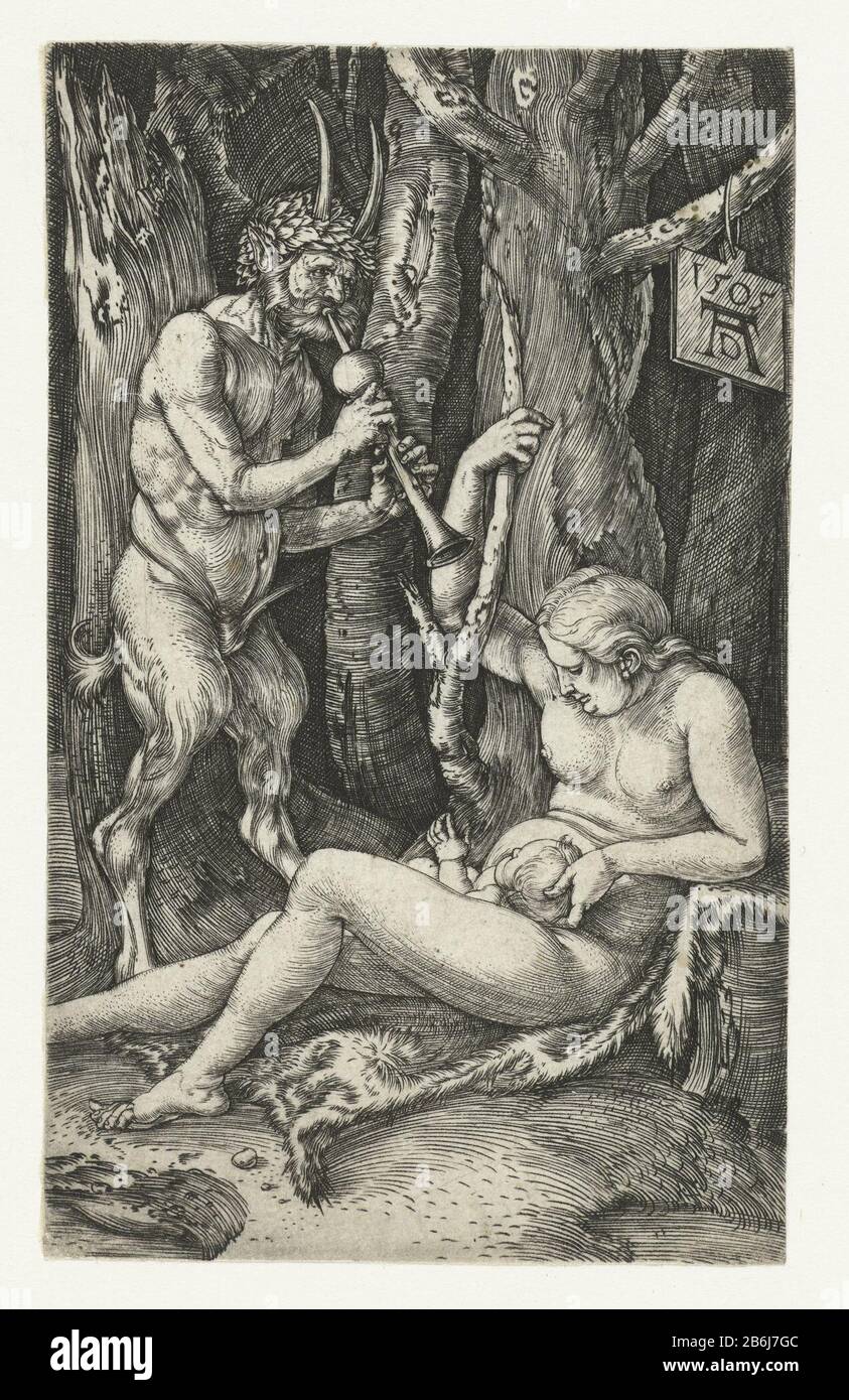 The sater family In a forest a satyr plays his flute for a nymph and her baby. Manufacturer : printmaker Albrecht Dürer (listed property) Place manufacture: Nuremberg date: 1505 Physical characteristics: engra material: paper Technique: engra (printing process) Measurements: sheet: 114 mm × h b 70 mm Subject: satyr (s) (in general) nymphs (in general); 'Ninfe in commune '(Ripa) Stock Photo