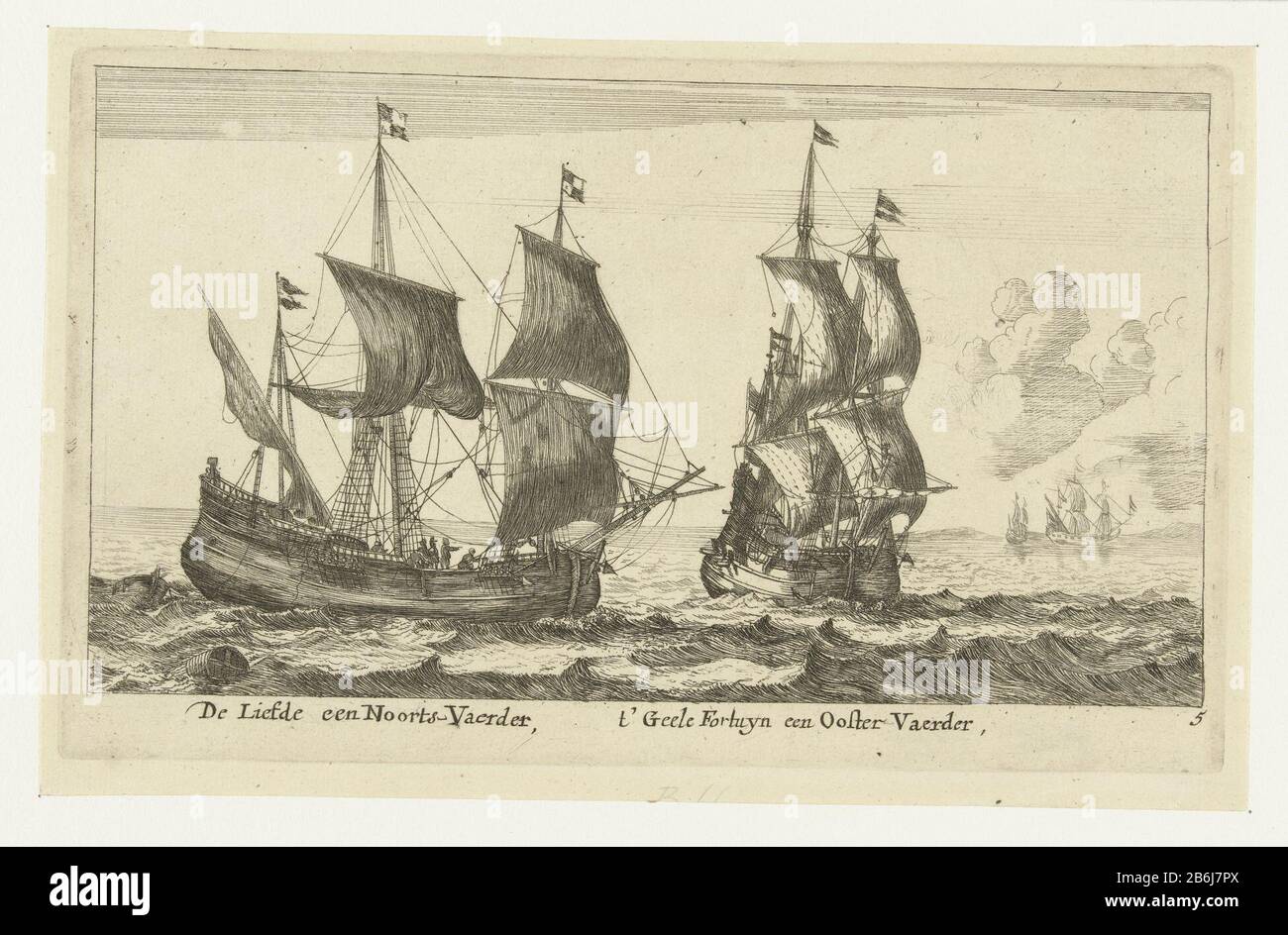 The ships 't Yellow Fortune and Love Love a Noorts-Vaerder,' t Geele Fortuyn an Oriental-Vaerder (title object) Love, a merchant ship sailing in Norway, and it Geele Fortuyn, a merchant ship sailing in the Baltic country manufacture manufacturer: print maker: anonymously to print by: Reinier Nooms Dating: 1652 - 1714 Physical characteristics: etching material: paper Technique: etching dimensions: plate edge: h 133 mm × W 218 mmToelichtingKopie in spiegelbeeld. Subject: sailing-ship, sailing-boat (with NAME) Stock Photo